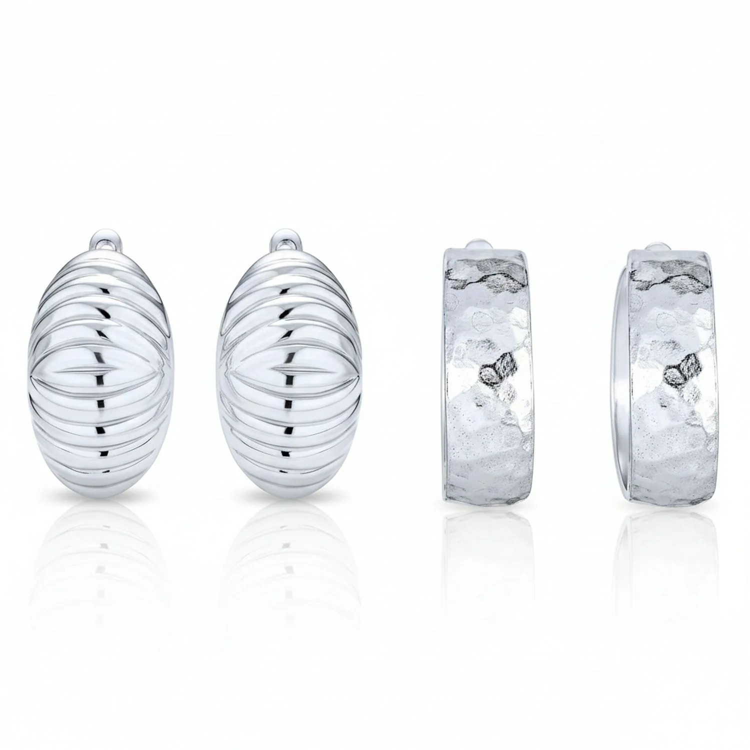 Set of 2 Polished Shrimp Dome and Matte Hammered Hoop Clip-On Earrings Silver