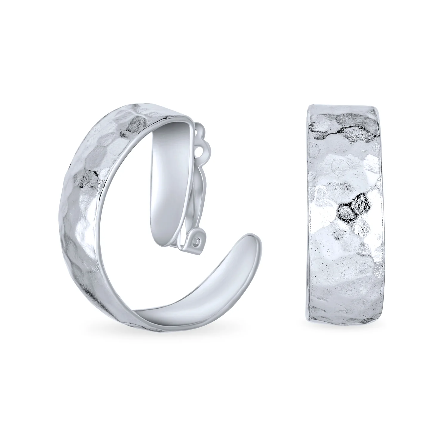 Set of 2 Polished Shrimp Dome and Matte Hammered Hoop Clip-On Earrings Silver - Image 5