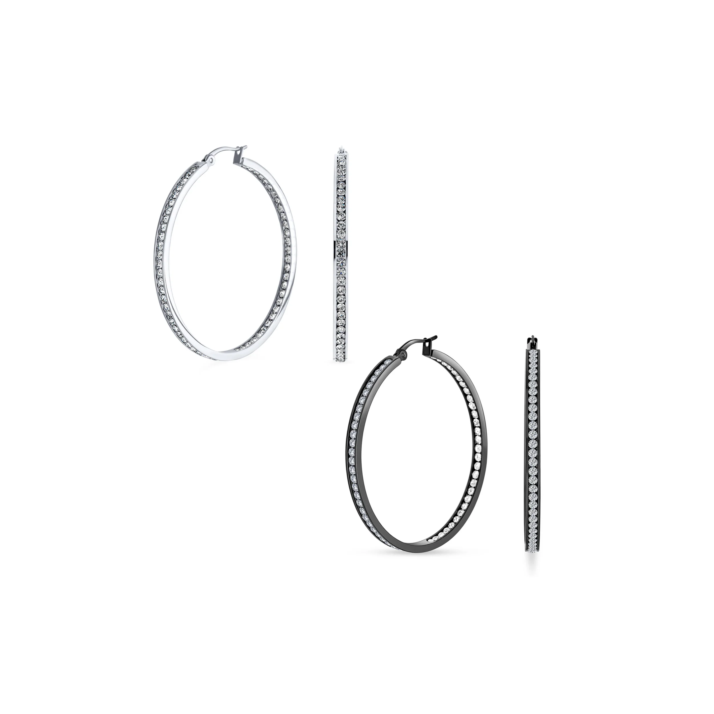 Set of 2 Round Channel Set CZ Hoop Earrings Black Plated Stainless Steel 2 Inch - Image 2
