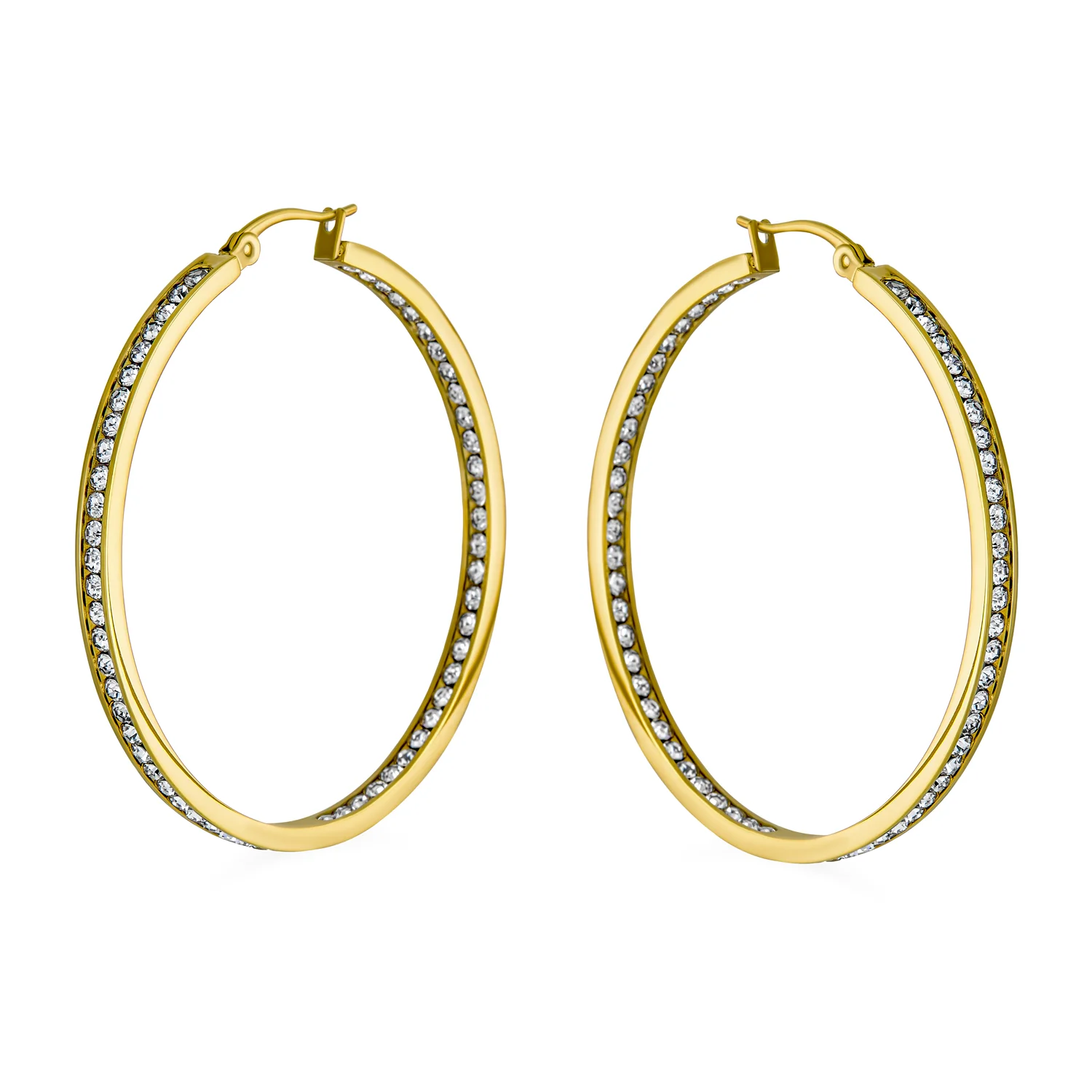 Set of 2 Round Channel Set CZ Hoop Earrings Black Plated Stainless Steel 2 Inch - Image 3