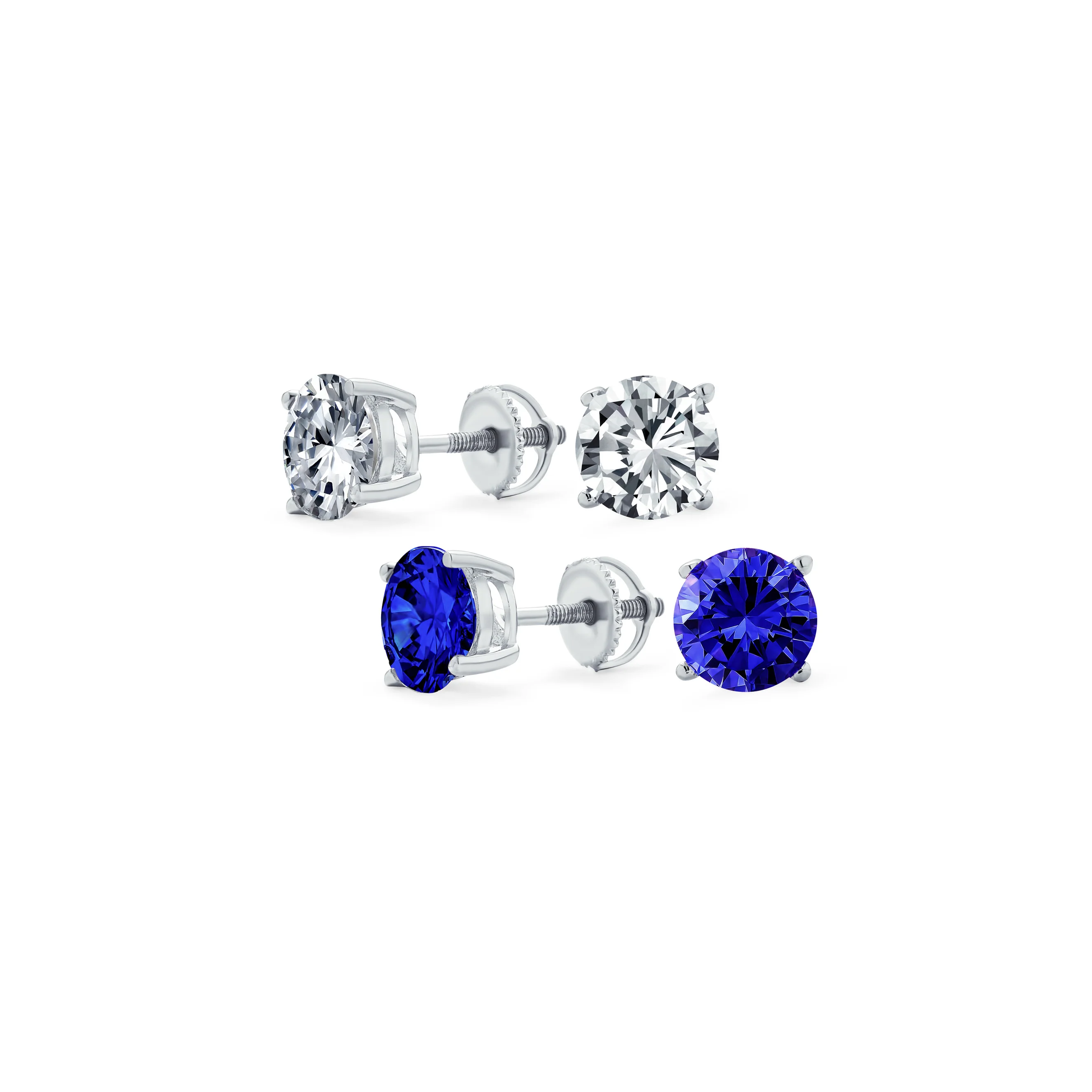 Set of 2 Round Blue Clear CZ Stud Earrings Sterling Silver 5MM Screw Back