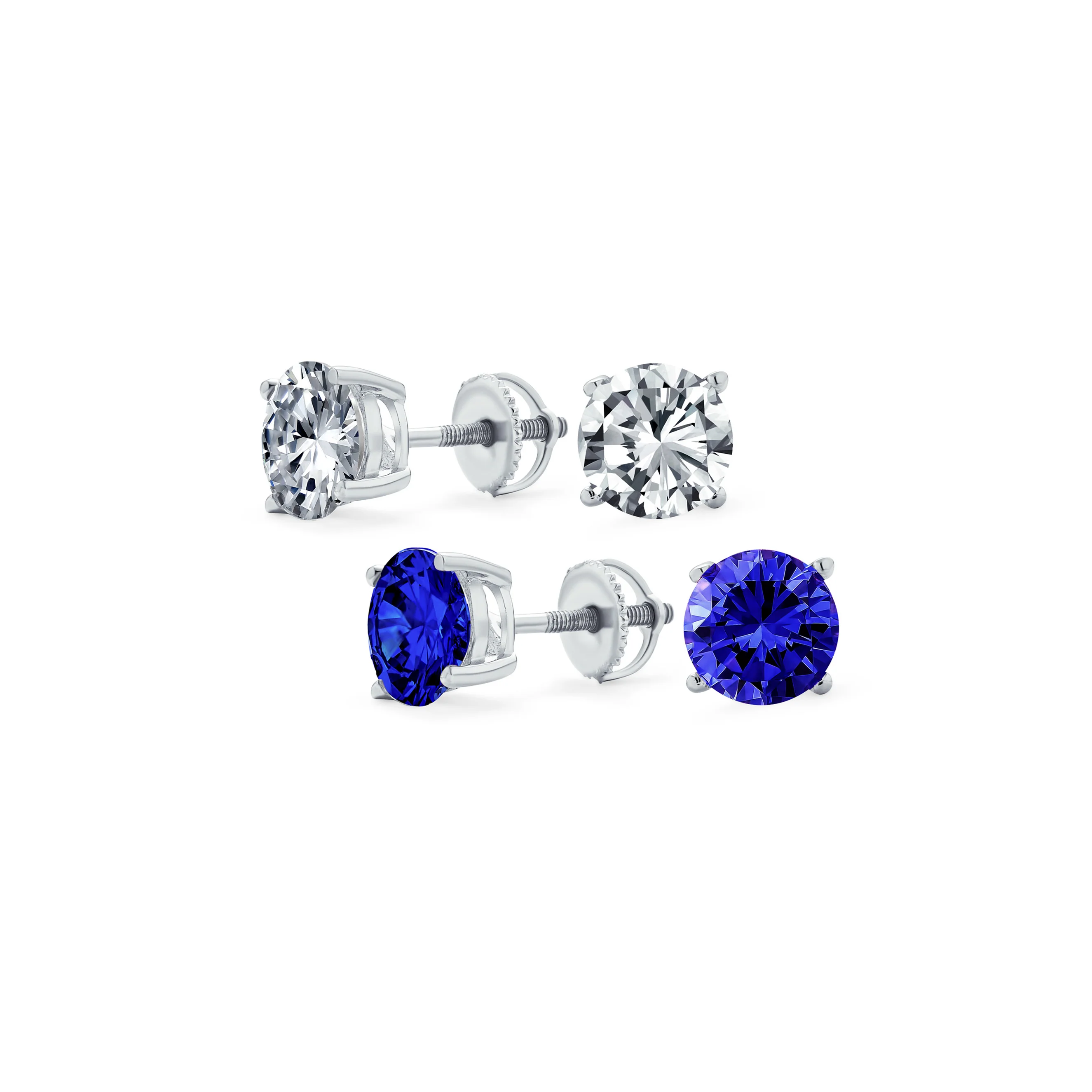 Set of 2 Round Blue Clear CZ Stud Earrings Sterling Silver 5MM Screw Back - Image 2