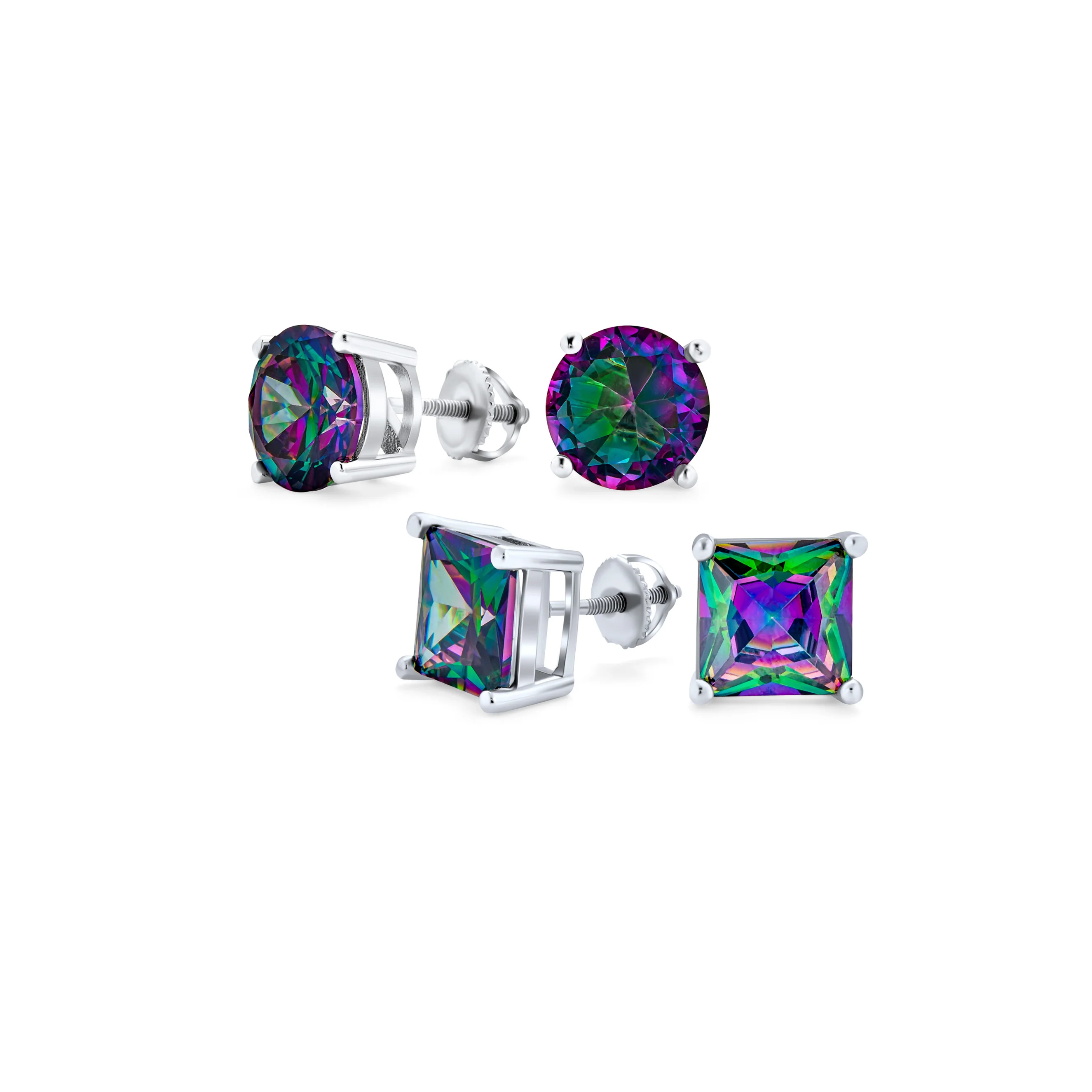 Set of 2 Round & Square Mystic Rainbow CZ Stud Earrings Silver Screw Back 10MM - Image 5