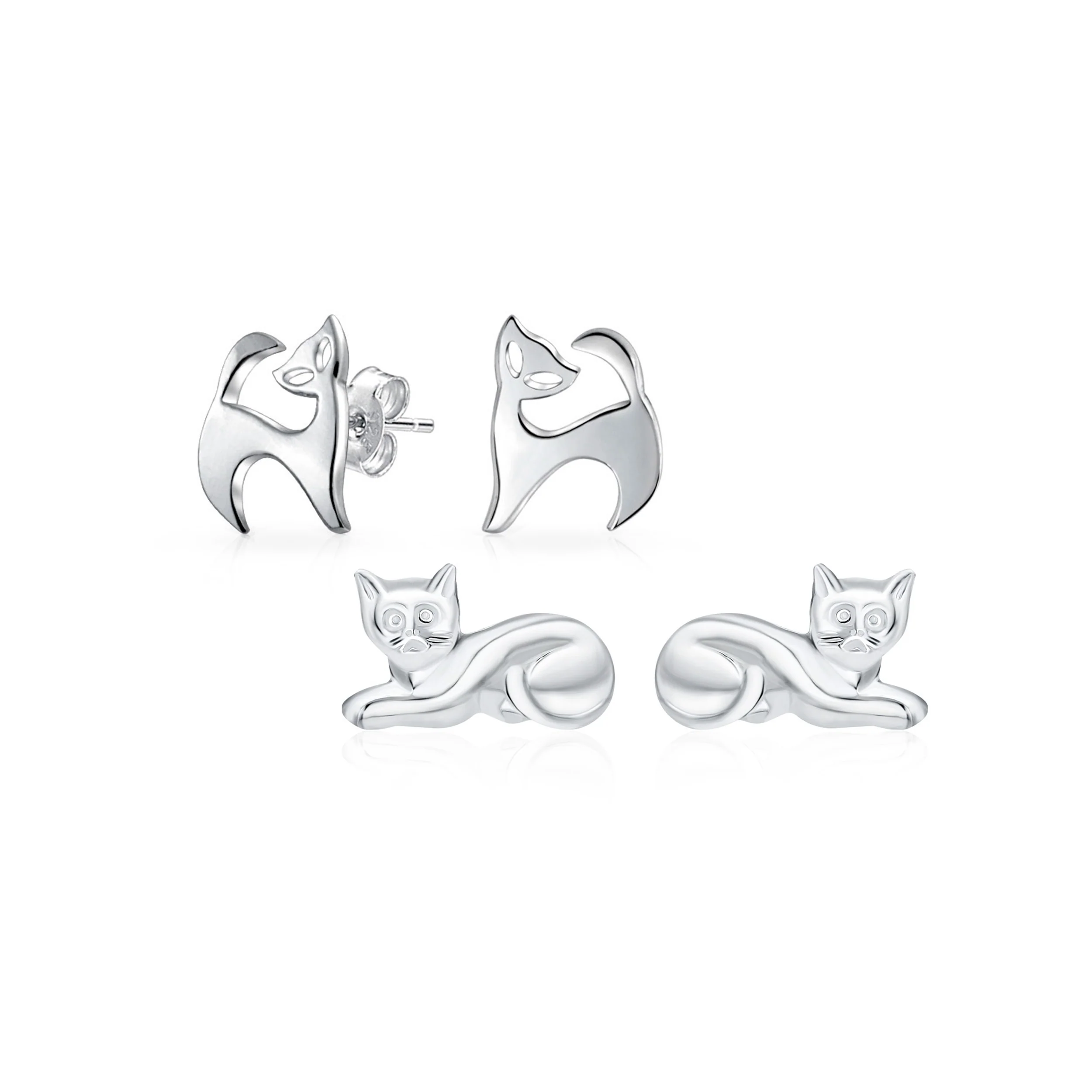 Set of 2 Siamese Sitting Cat Stud Earrings Sterling Silver Animal Pet Jewelry
