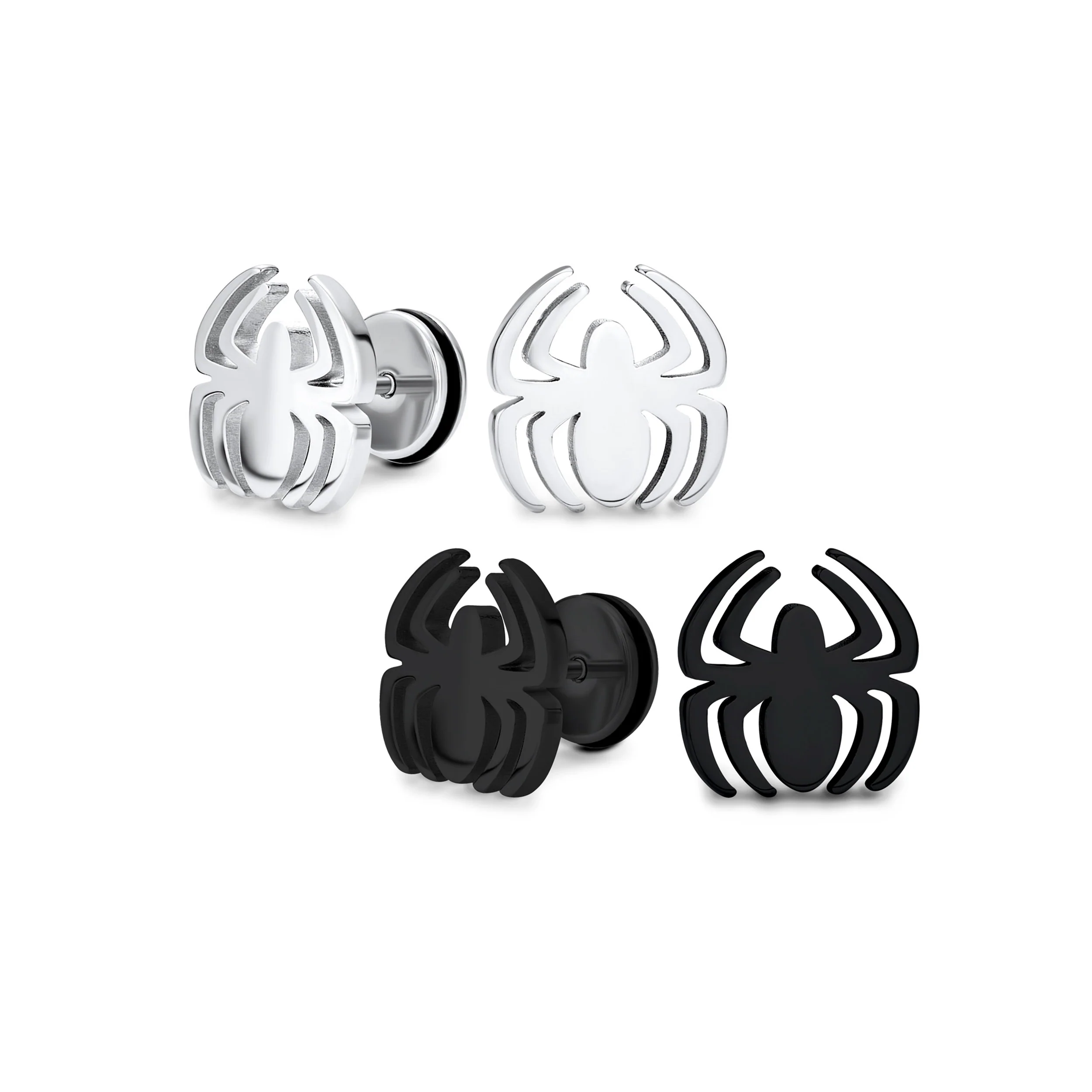 Set of 2 Black Widow Spider Ear Plug Illusion Stud Earrings Surgical Steel 16G