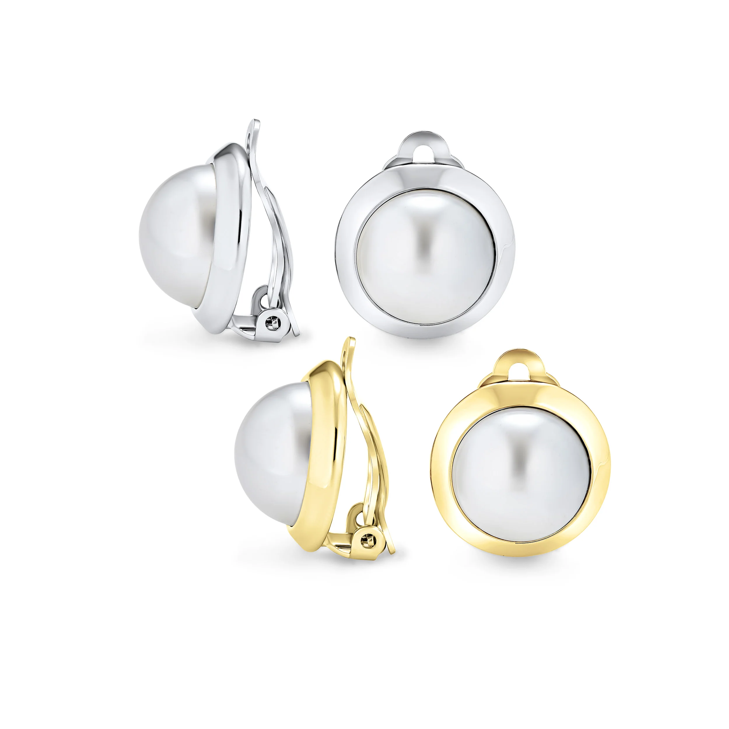 Set of 2 White Pearl Oval Button Clip On Earrings Gold & Silver Non-Pierced Ears