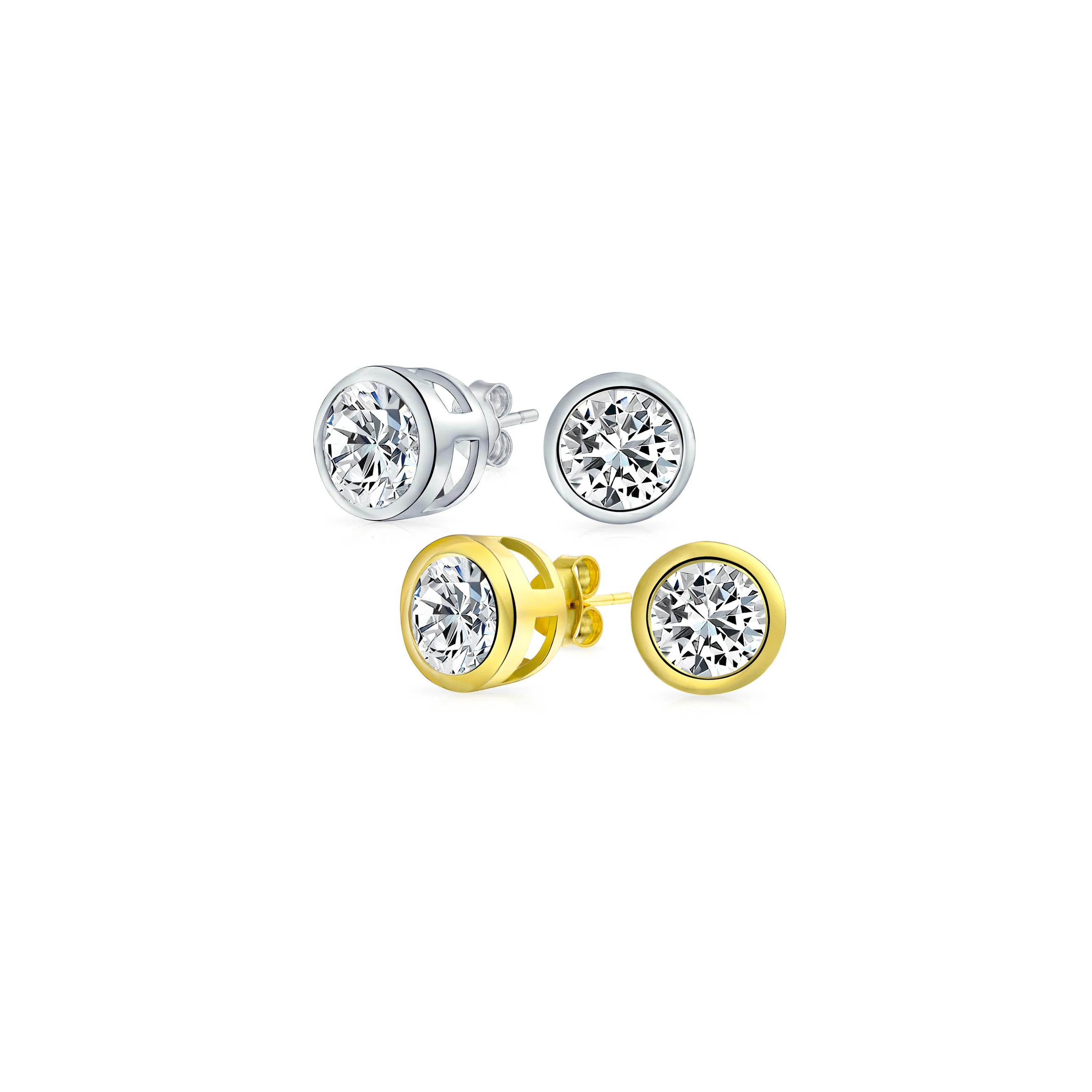 Set of 2 Martini Bezel Set CZ Stud Earrings Gold Plated Sterling Silver 5MM