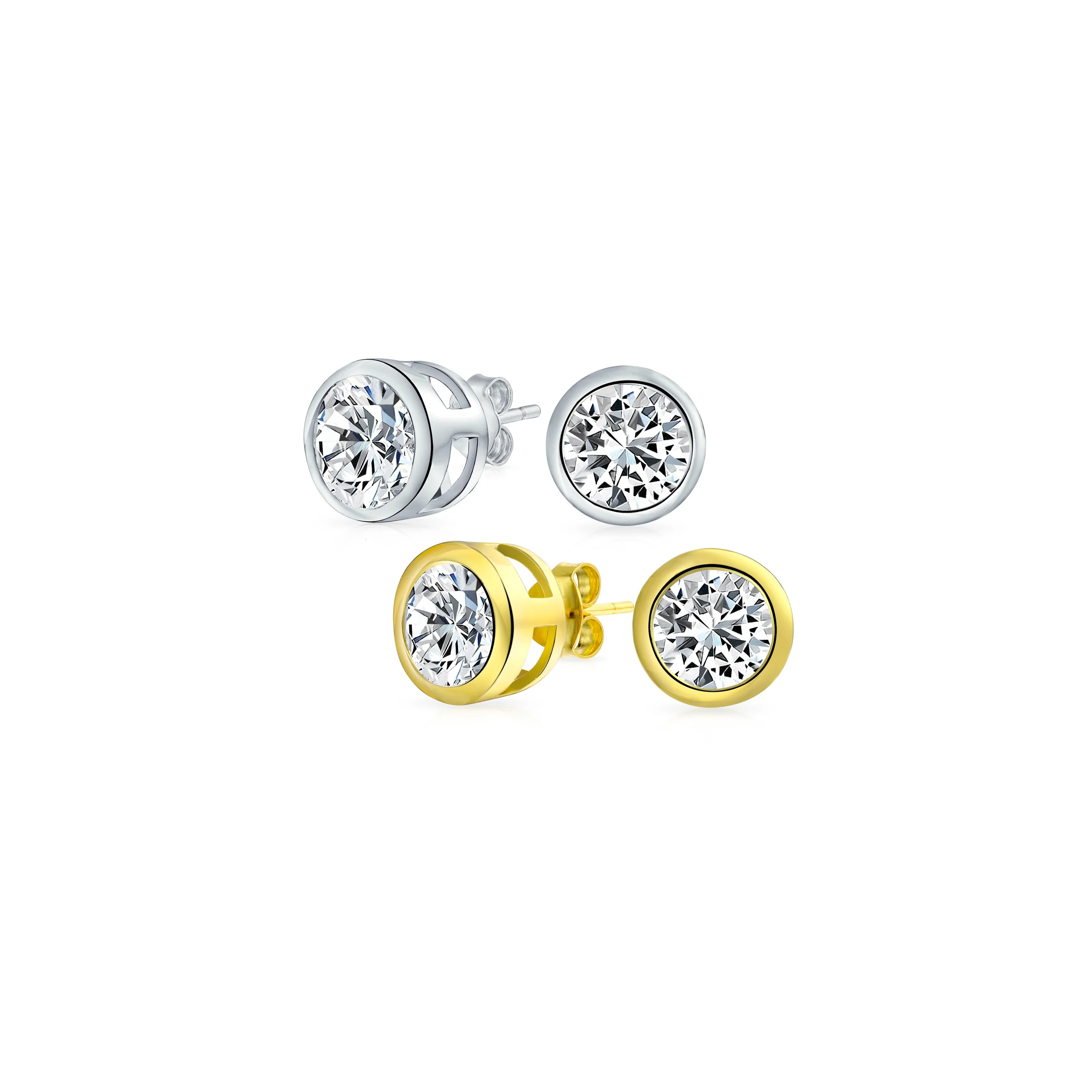 Set of 2 Martini Bezel Set CZ Stud Earrings Gold Plated Sterling Silver 5MM - Image 2