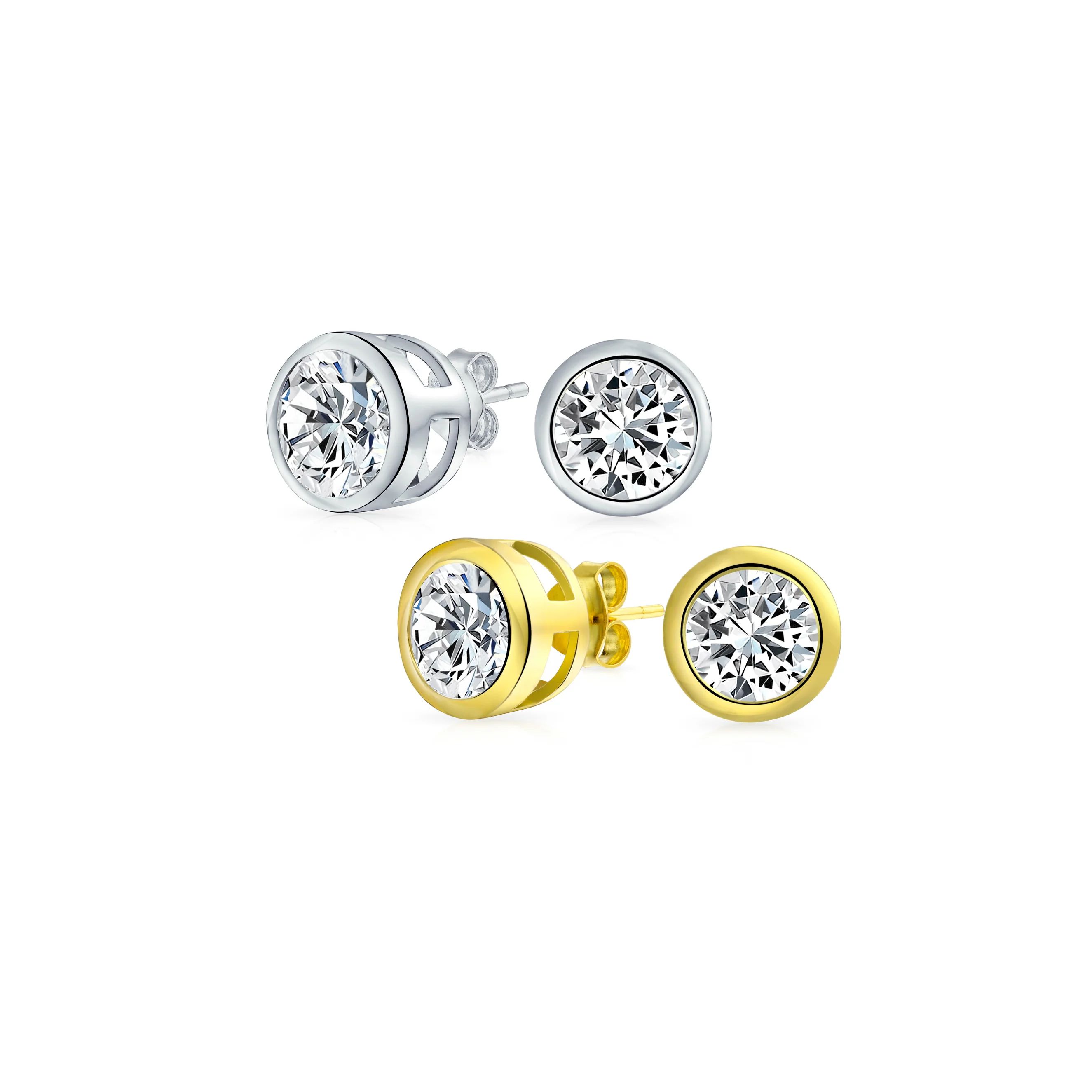 Set of 2 Martini Bezel Set CZ Stud Earrings Gold Plated Sterling Silver 5MM - Image 4