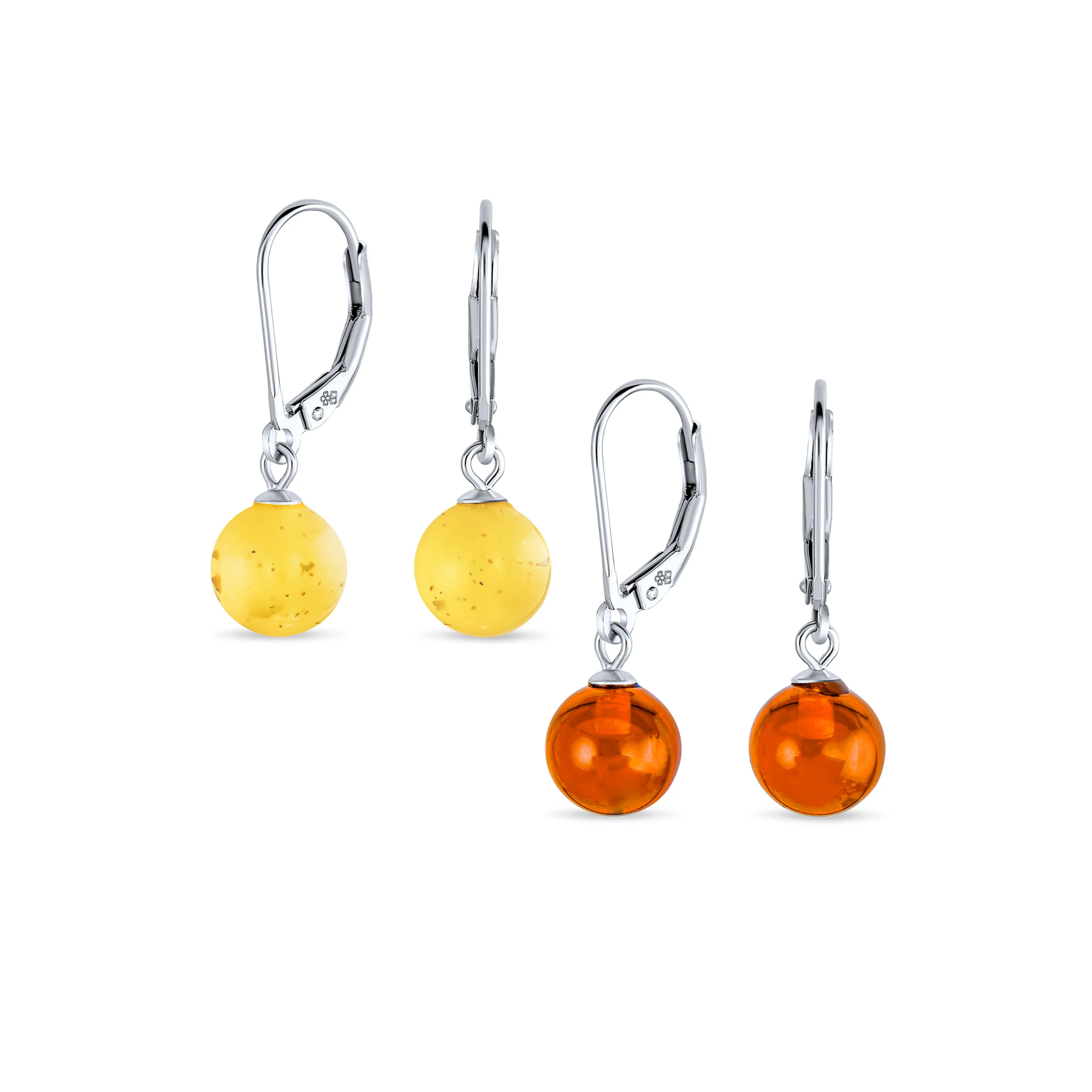 Set of 2 Round Honey Cognac Lemon Yellow Amber Drop Ball Earrings Silver