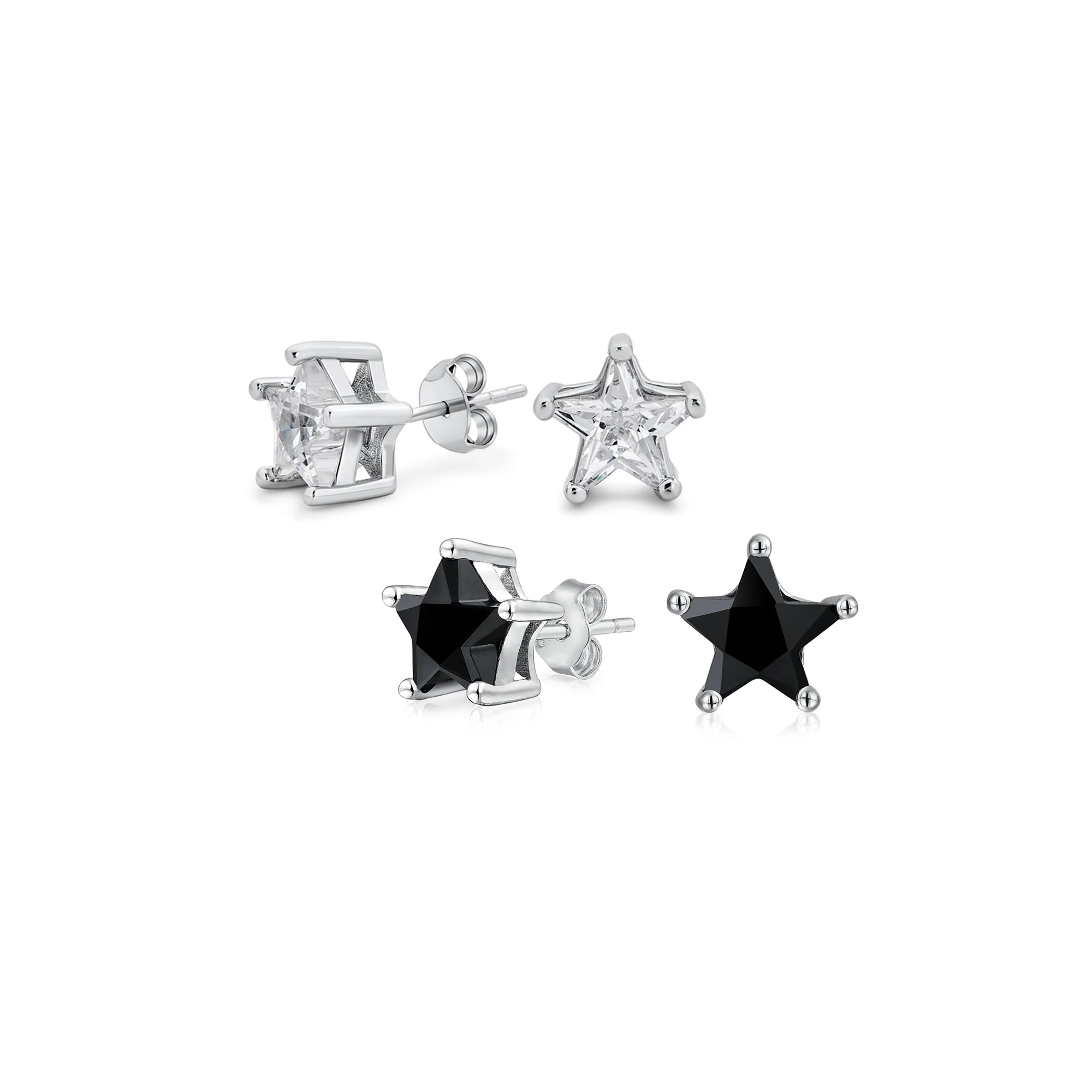 Set of 2 Celestial USA Black Clear CZ Star Stud Earrings Sterling Silver 7MM - Image 3