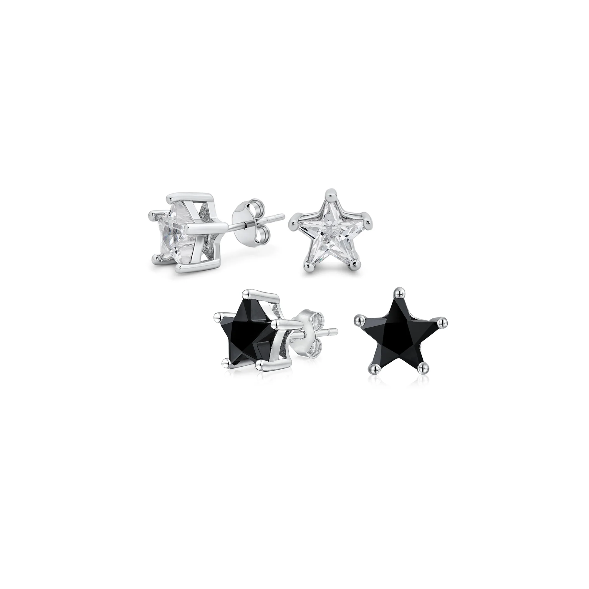 Set of 2 Celestial USA Black Clear CZ Star Stud Earrings Sterling Silver 7MM - Image 4