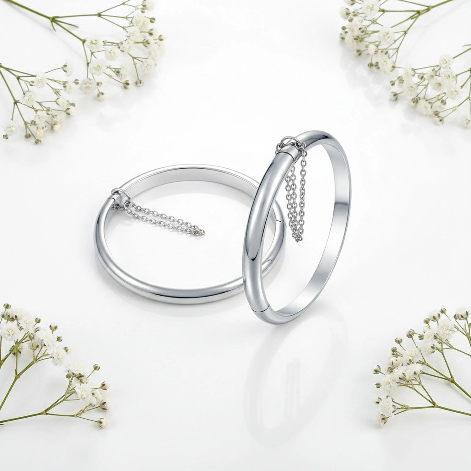 Set of 2 Small Dome Cuff Bangle Bracelet with Chain Sterling Silver 5 Inch - Image 3