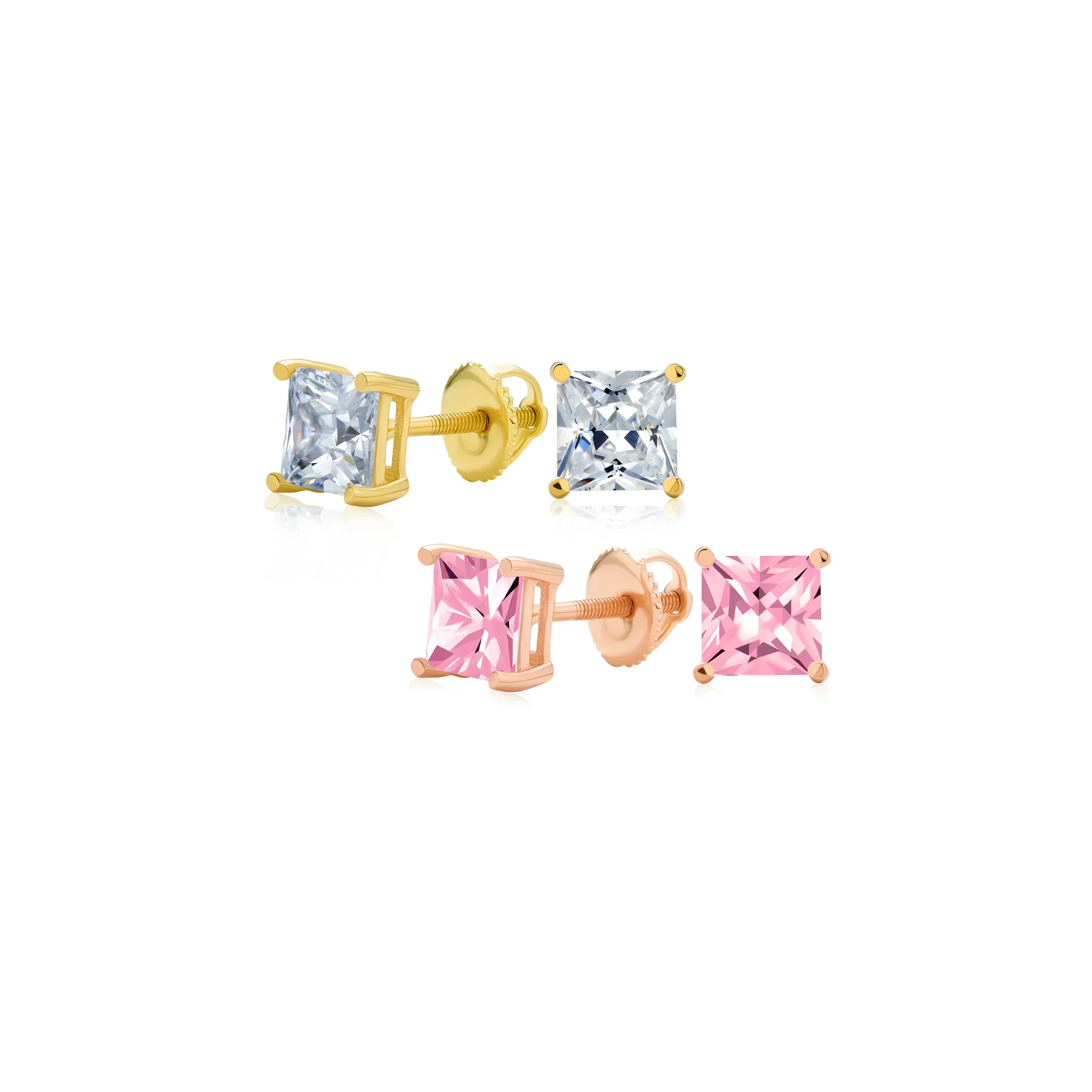Set of 2 Multi Color Square CZ Stud Earrings Silver Black Plated Screw Back