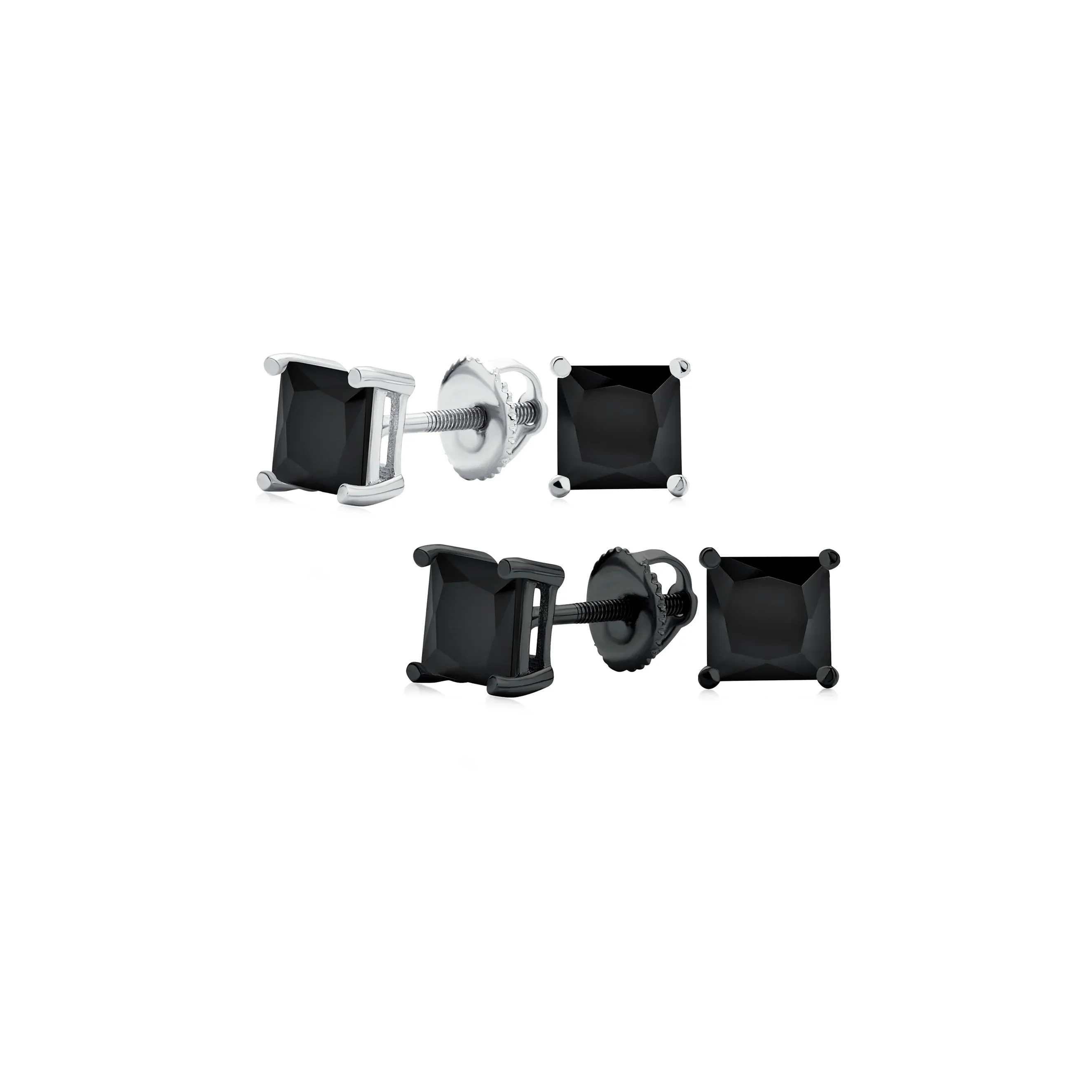 Set of 2 Multi Color Square CZ Stud Earrings Silver Black Plated Screw Back - Image 2