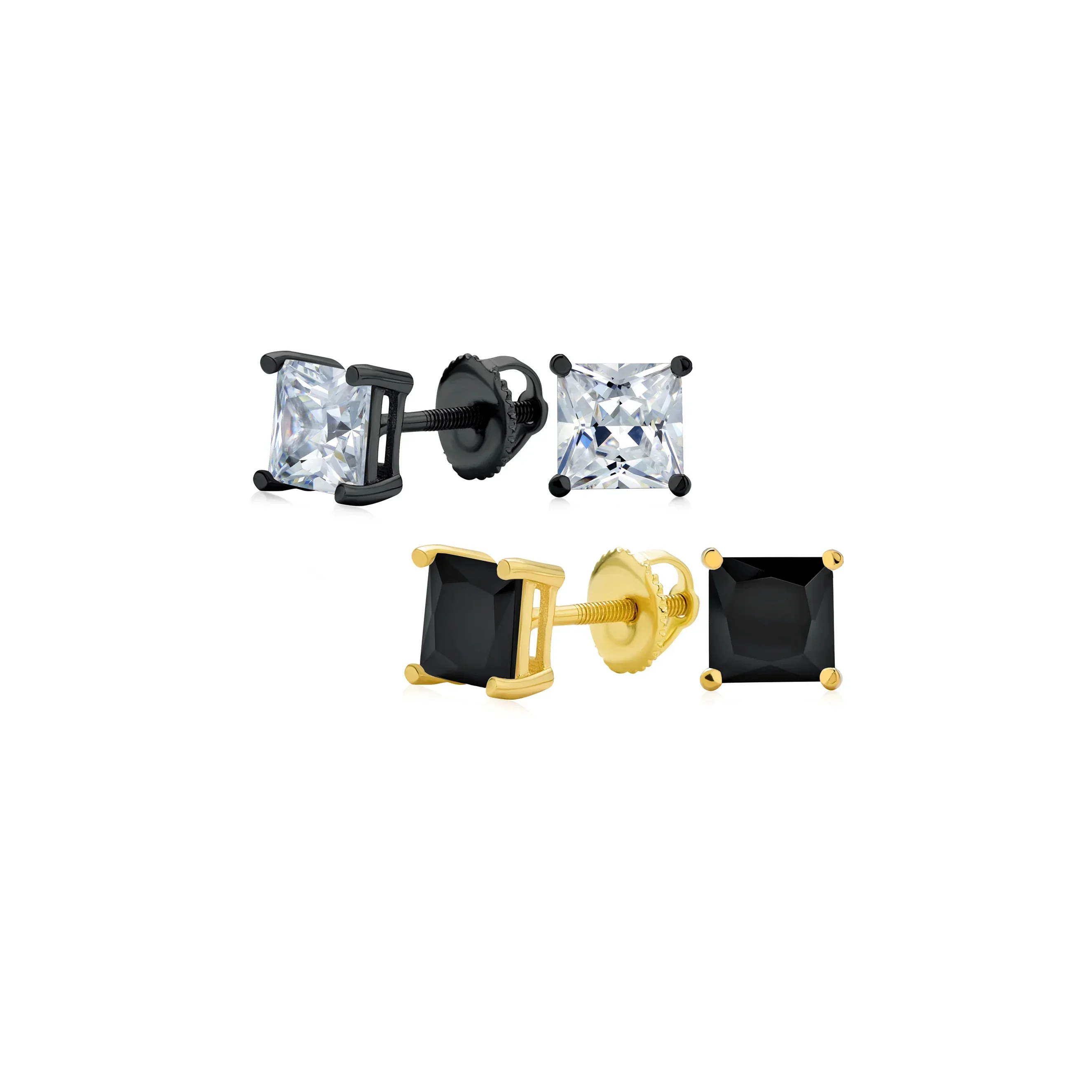 Set of 2 Multi Color Square CZ Stud Earrings Silver Black Plated Screw Back - Image 6