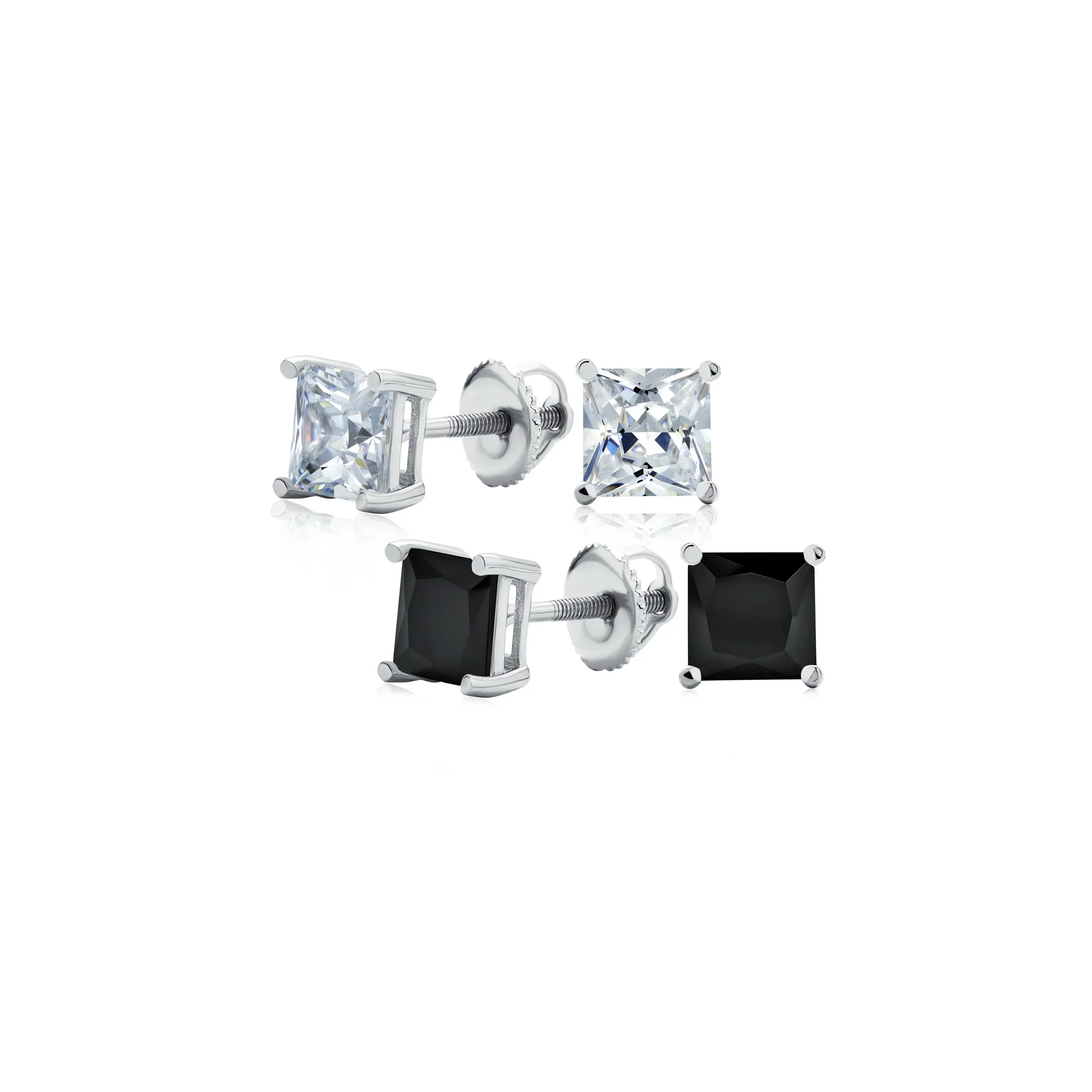Set of 2 Multi Color Square CZ Stud Earrings Silver Black Plated Screw Back - Image 8