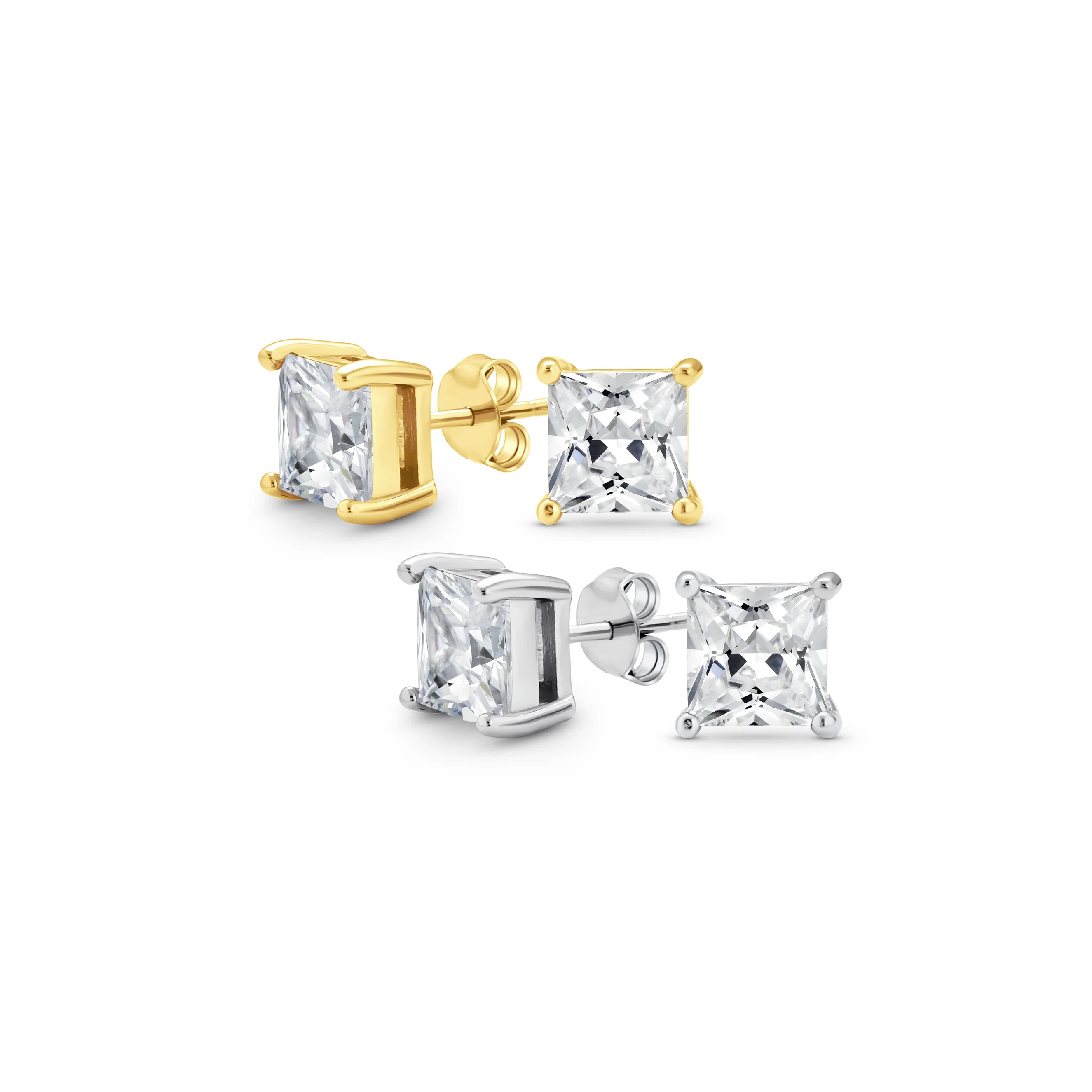 Set of 2 Square Princess CZ Stud Earrings Silver Gold Sterling Silver 5MM - Image 2