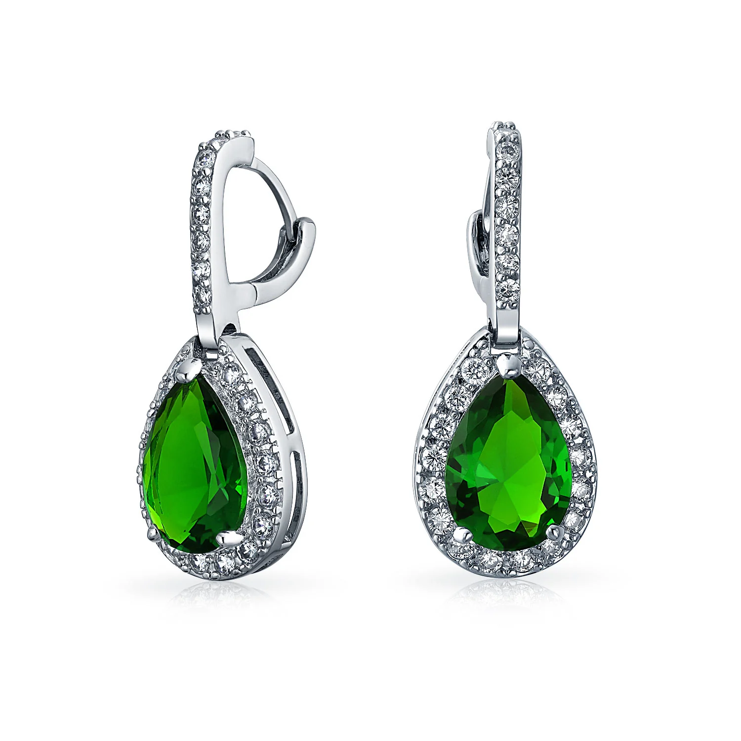 Set of 2 Teardrop Pave Cubic Zirconia CZ Green & Pink Hoop Earrings - Image 3