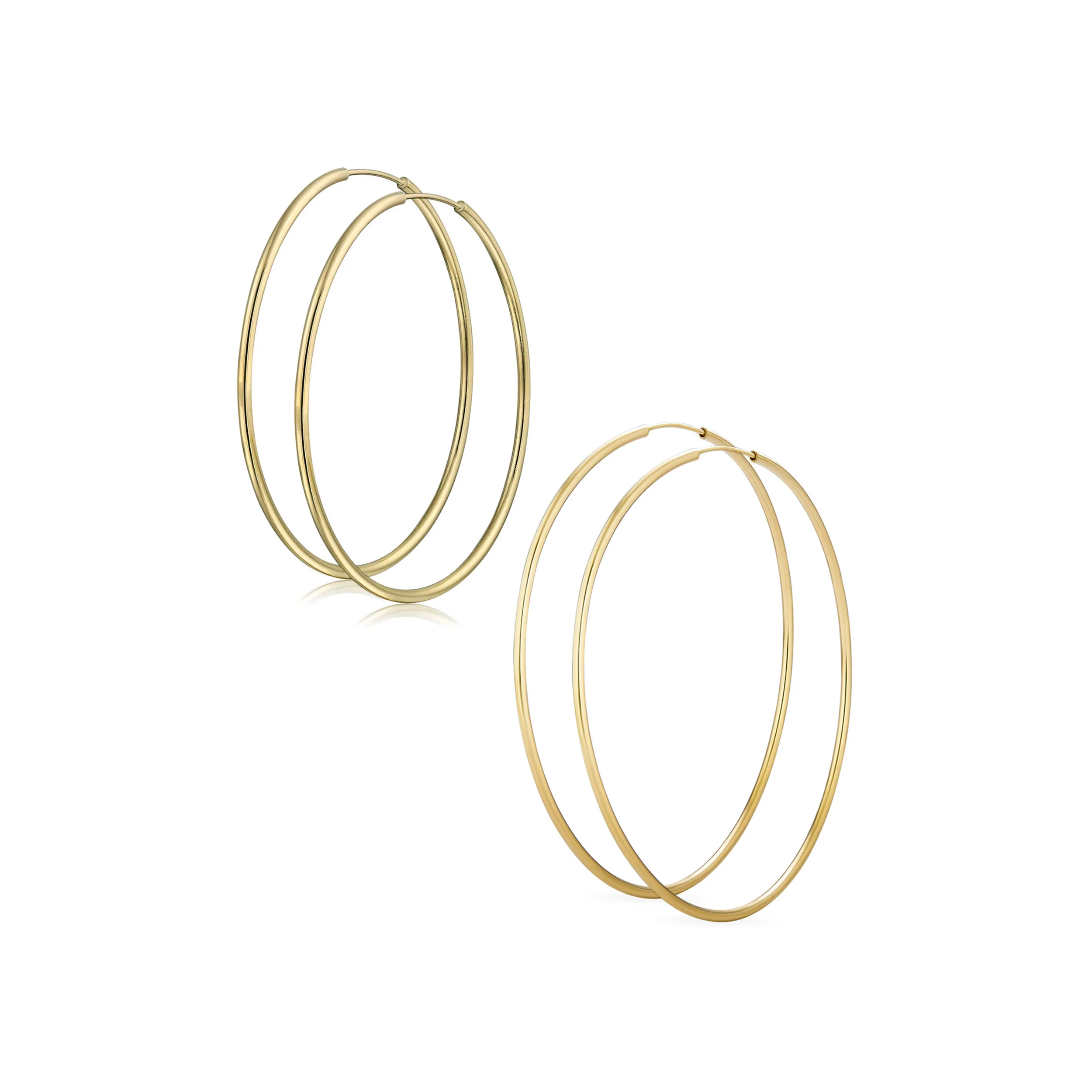 Set of 2 Minimalist Hoop Earrings 2MM Gold 2 & 2.75 Inch