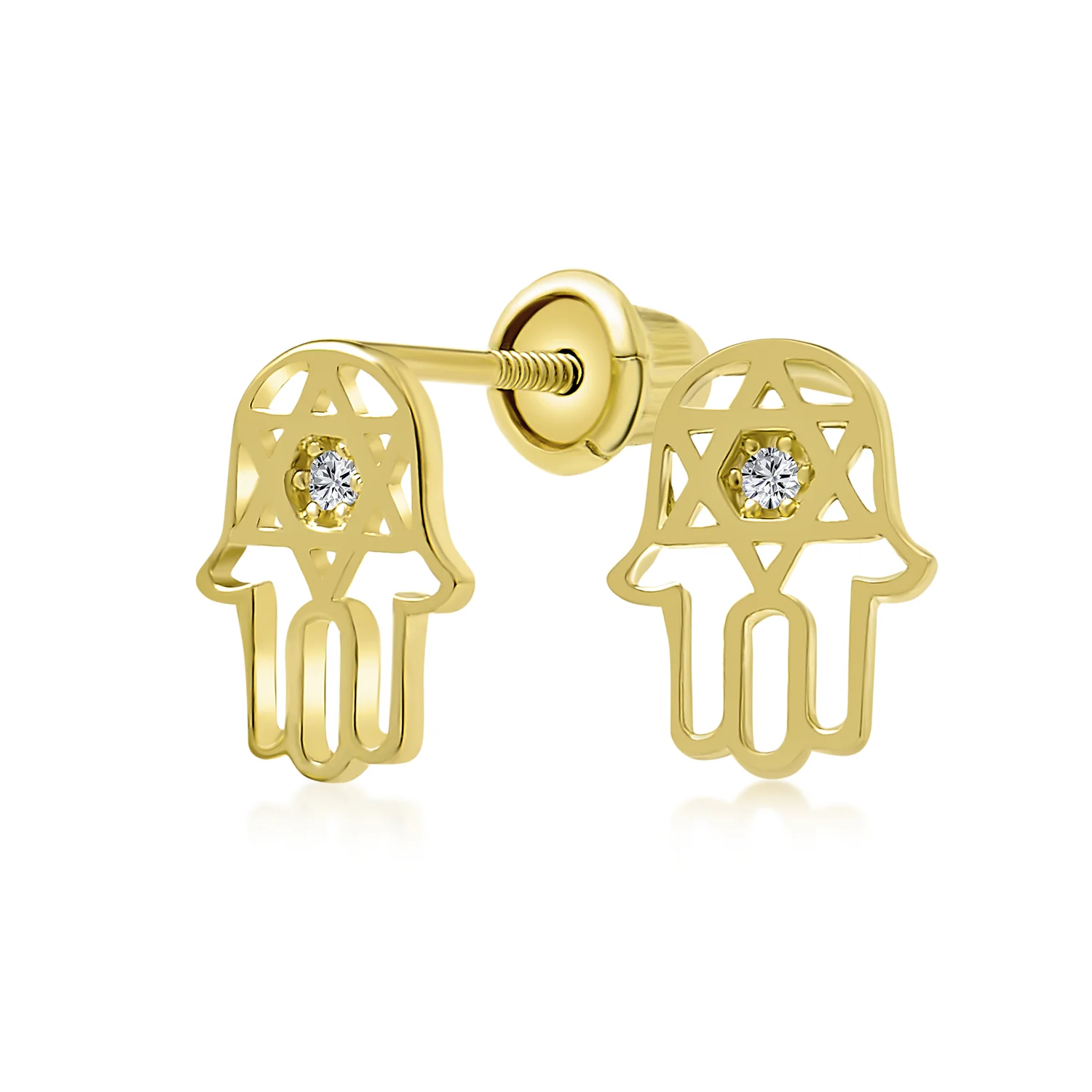 Set of 2 Tiny Judaic Jewelry CZ Stud Earrings 14K Gold Hamsa Star Of David - Image 3
