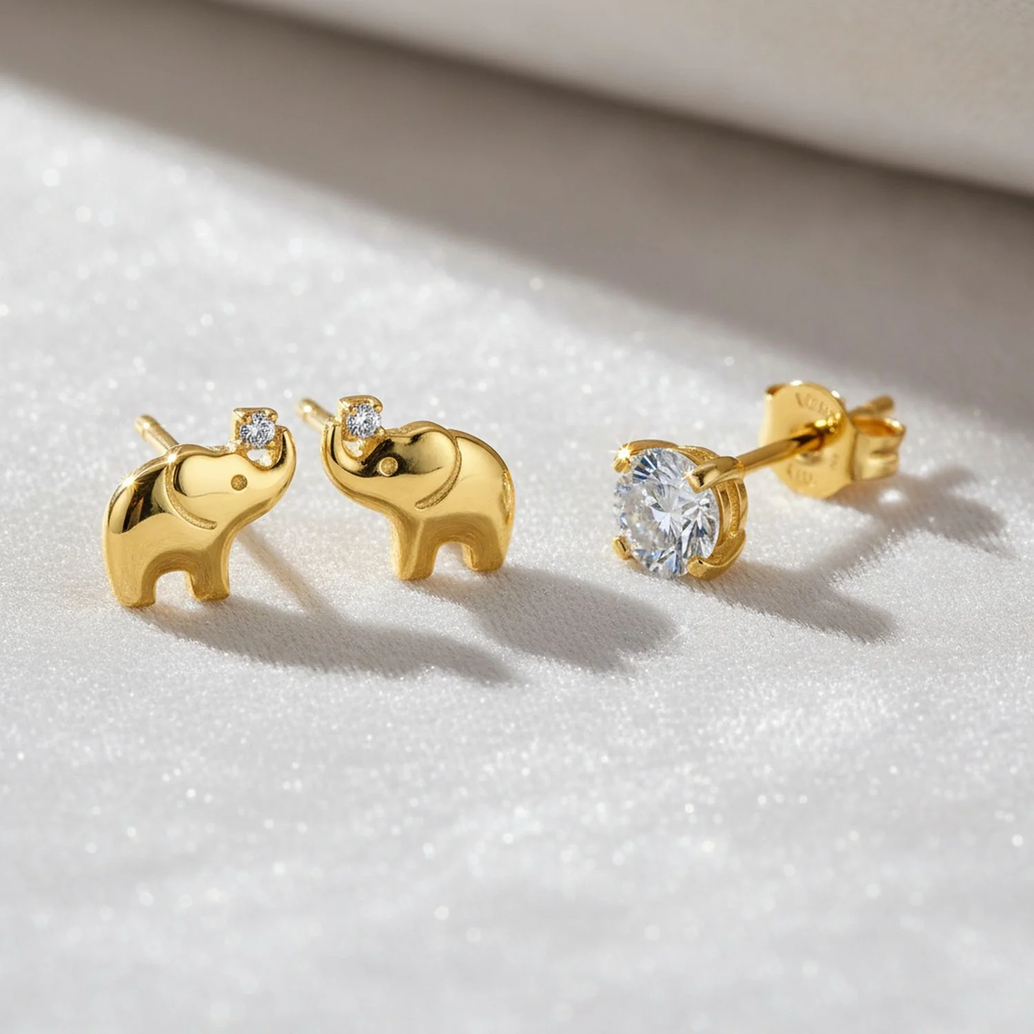 Set of 2 Tiny Lucky Elephant & Round CZ Stud Earrings 14K Yellow Gold Screw Back - Image 2
