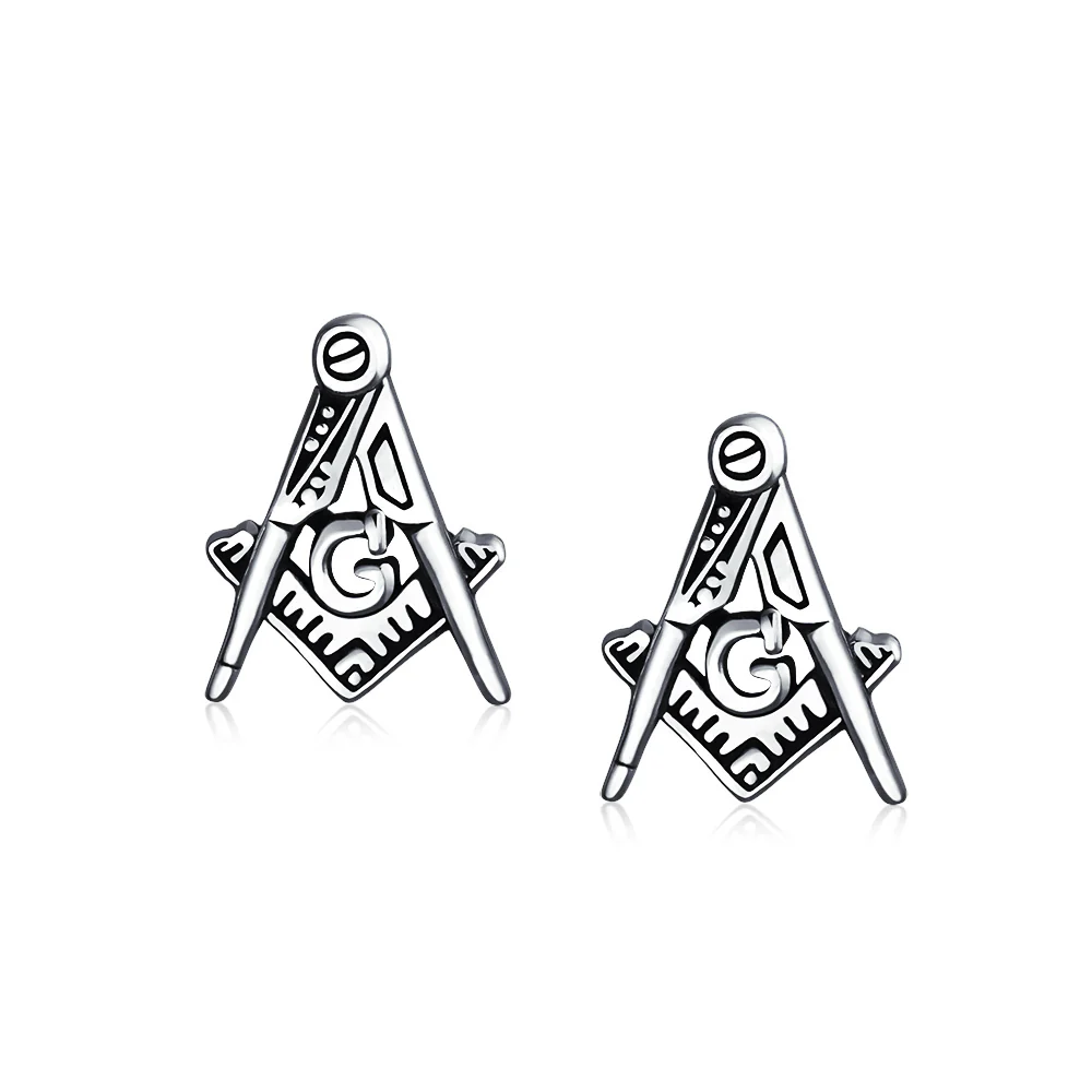 Set of 2 Tiny Masonic Freemason Stud Earrings and Brooch Pin Oxidized Silver - Image 5
