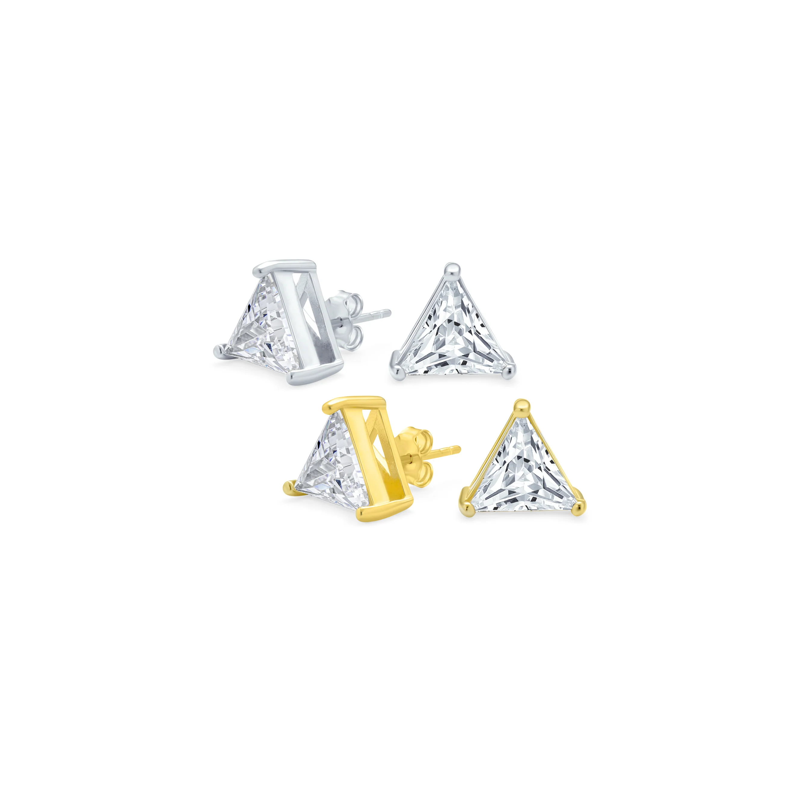 Set of 2 Triangle Clear Cubic Zirconia Stud Earrings Gold Plated Silver 10MM - Image 2