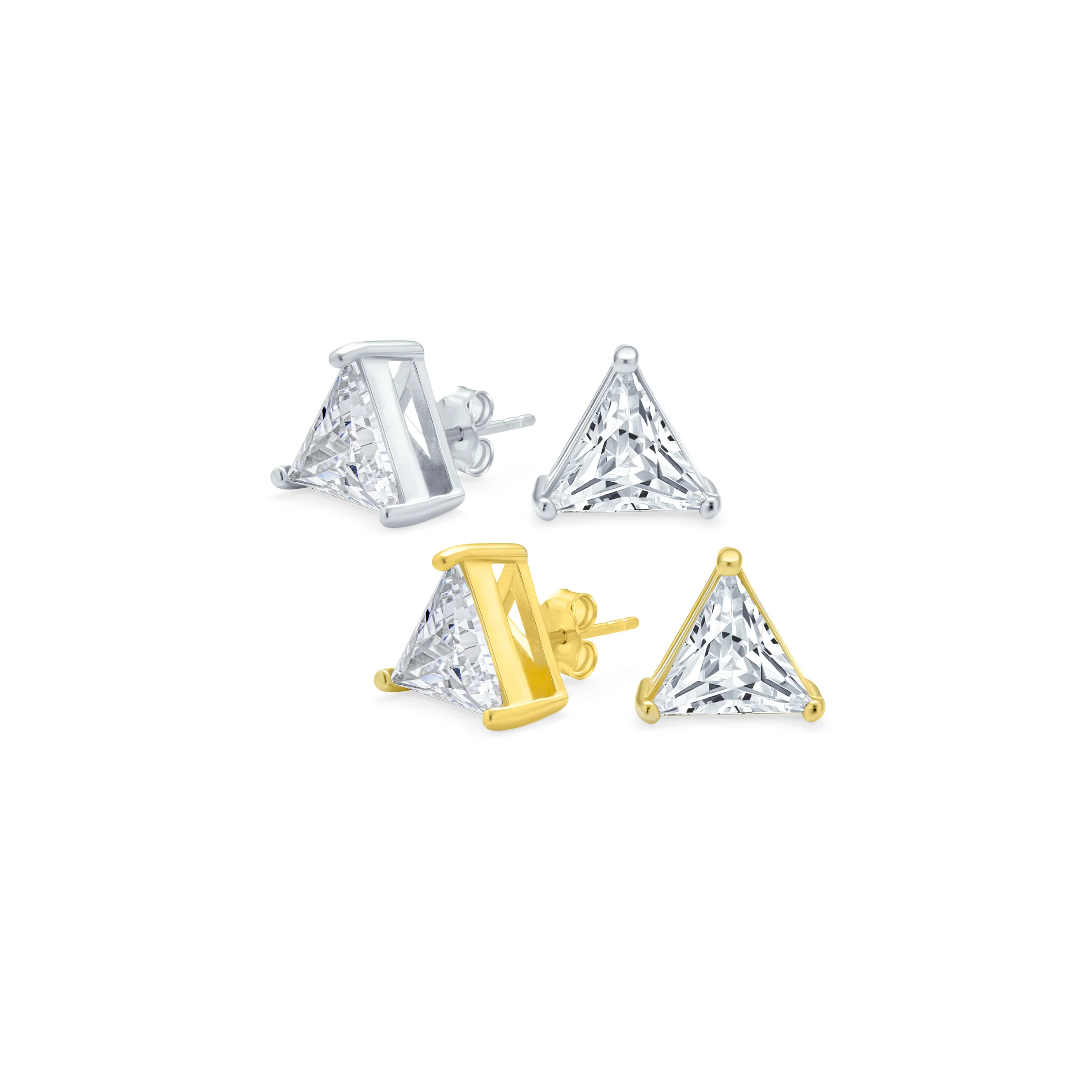 Set of 2 Triangle Clear Cubic Zirconia Stud Earrings Gold Plated Silver 10MM - Image 3