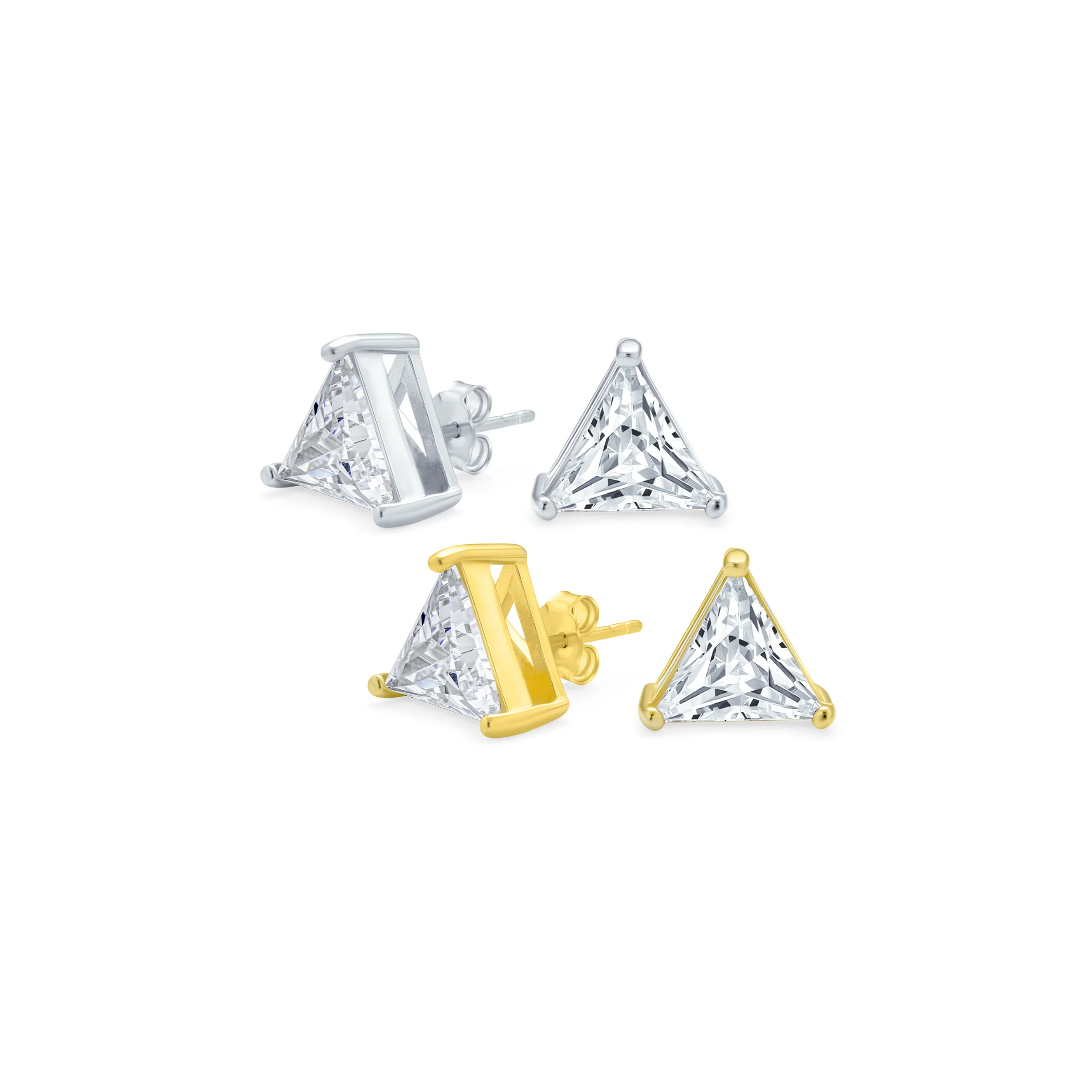 Set of 2 Triangle Clear Cubic Zirconia Stud Earrings Gold Plated Silver 10MM - Image 4