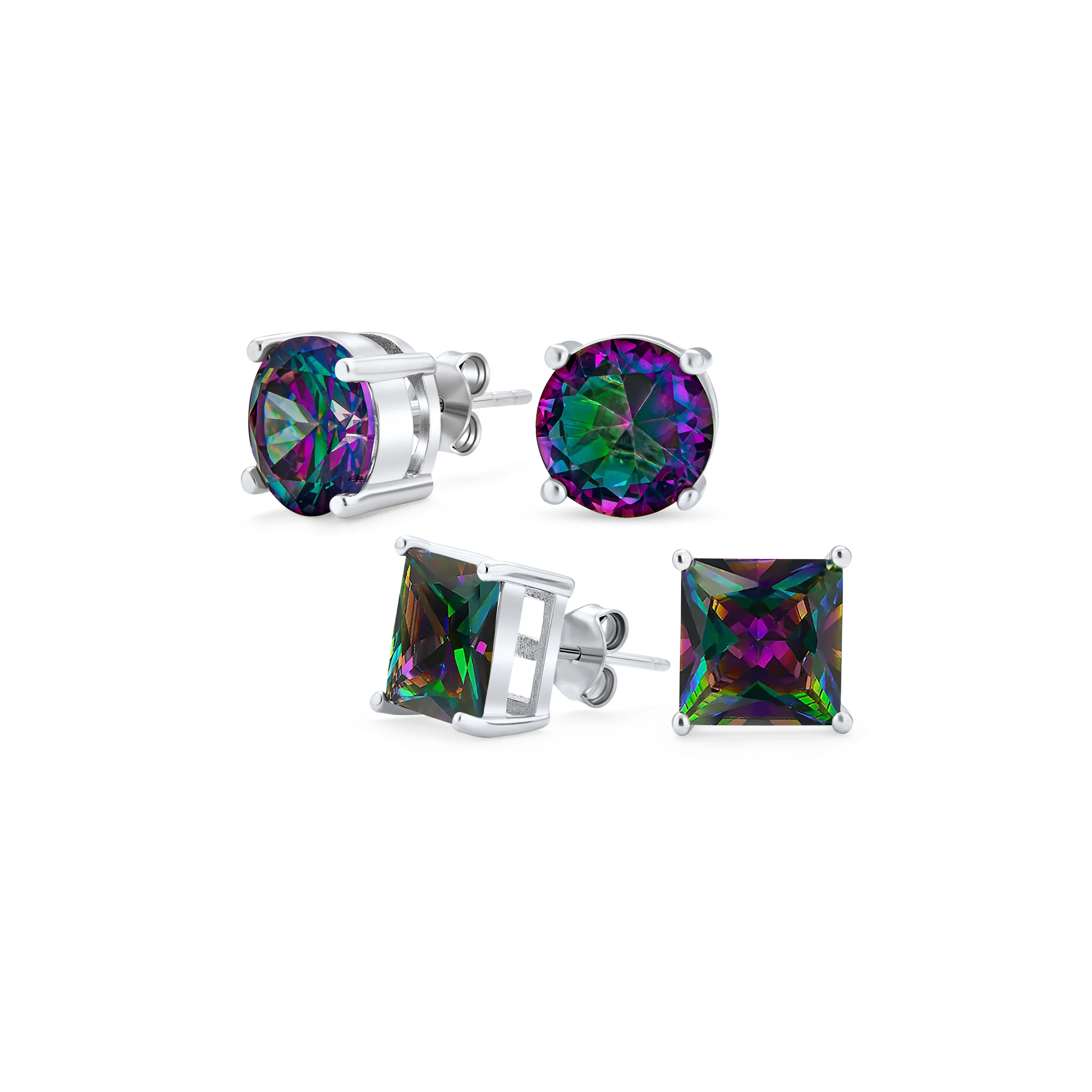 Set of 2 Round & Square Mystic Rainbow CZ Stud Earrings Sterling Silver 10MM - Image 6