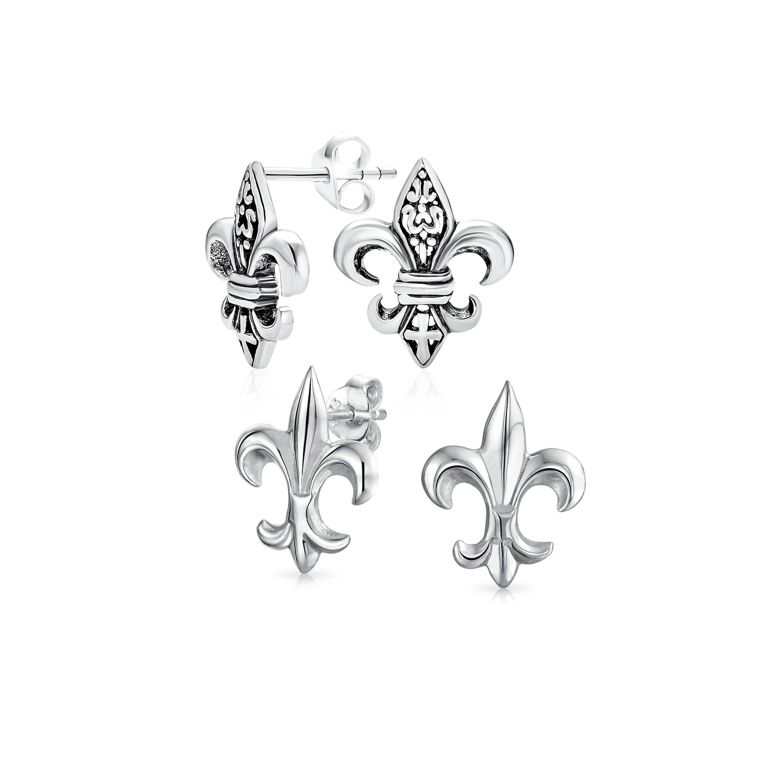 Set of 2 Fleur De Lis Stud Earrings in Oxidized and Polished Sterling Silver