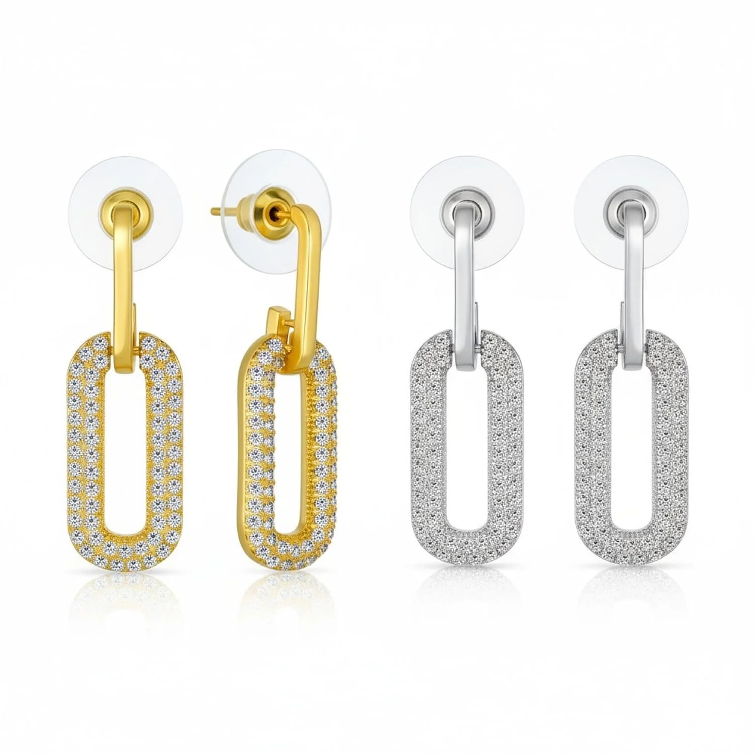 Set of 2 Vertical U Rectangle CZ Dangling Link Paperclip Earrings