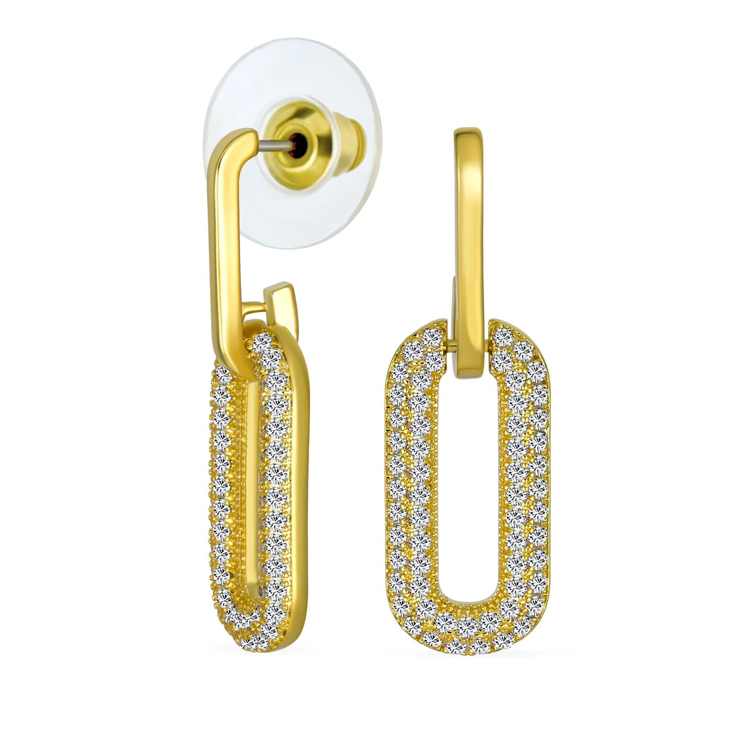 Set of 2 Vertical U Rectangle CZ Dangling Link Paperclip Earrings - Image 3