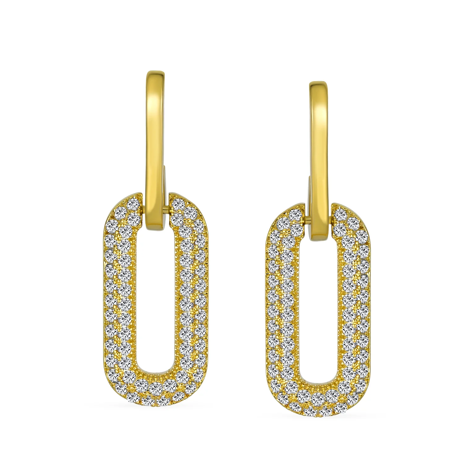 Set of 2 Vertical U Rectangle CZ Dangling Link Paperclip Earrings - Image 4