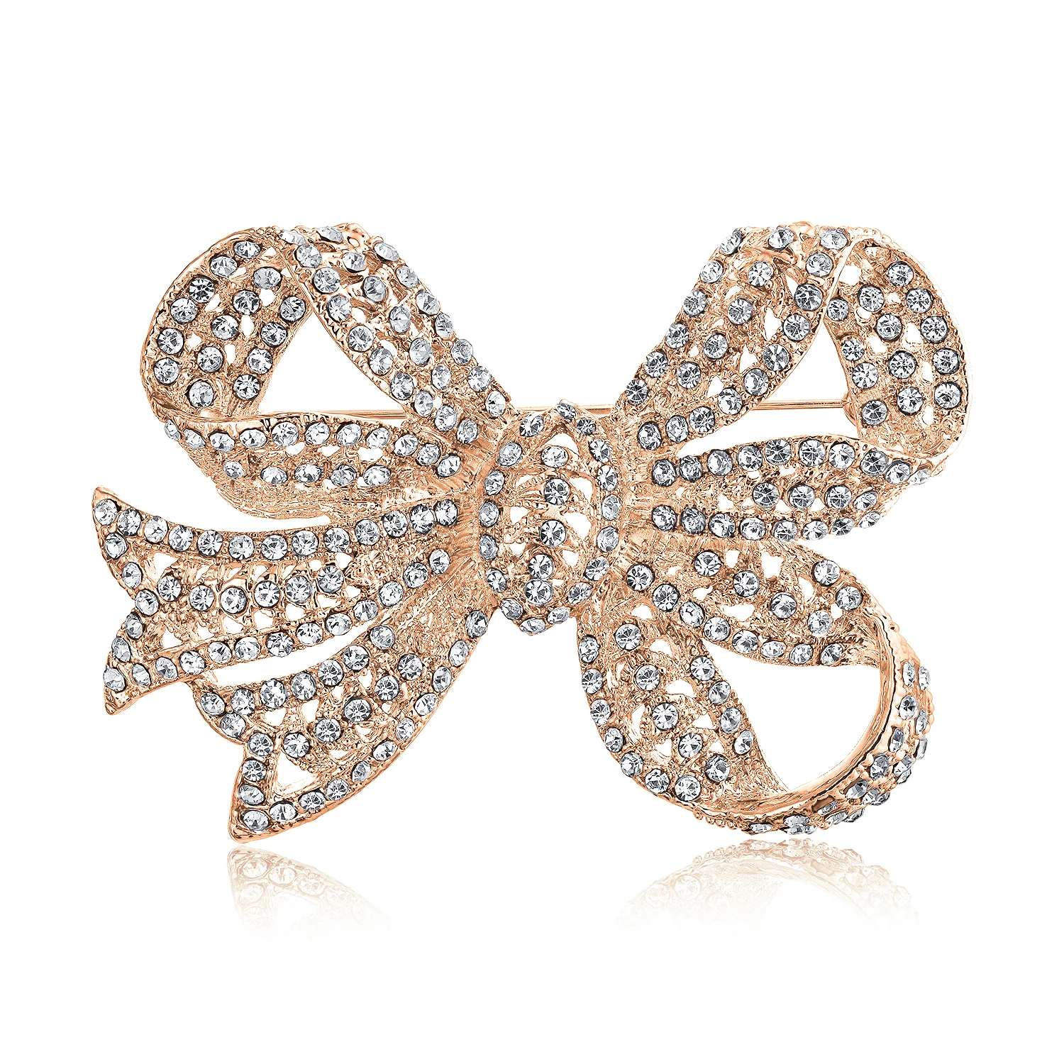 Set of 2 Victorian Style Crystal Filigree Ribbon Brooch Pin Rose Gold Plated - Image 4