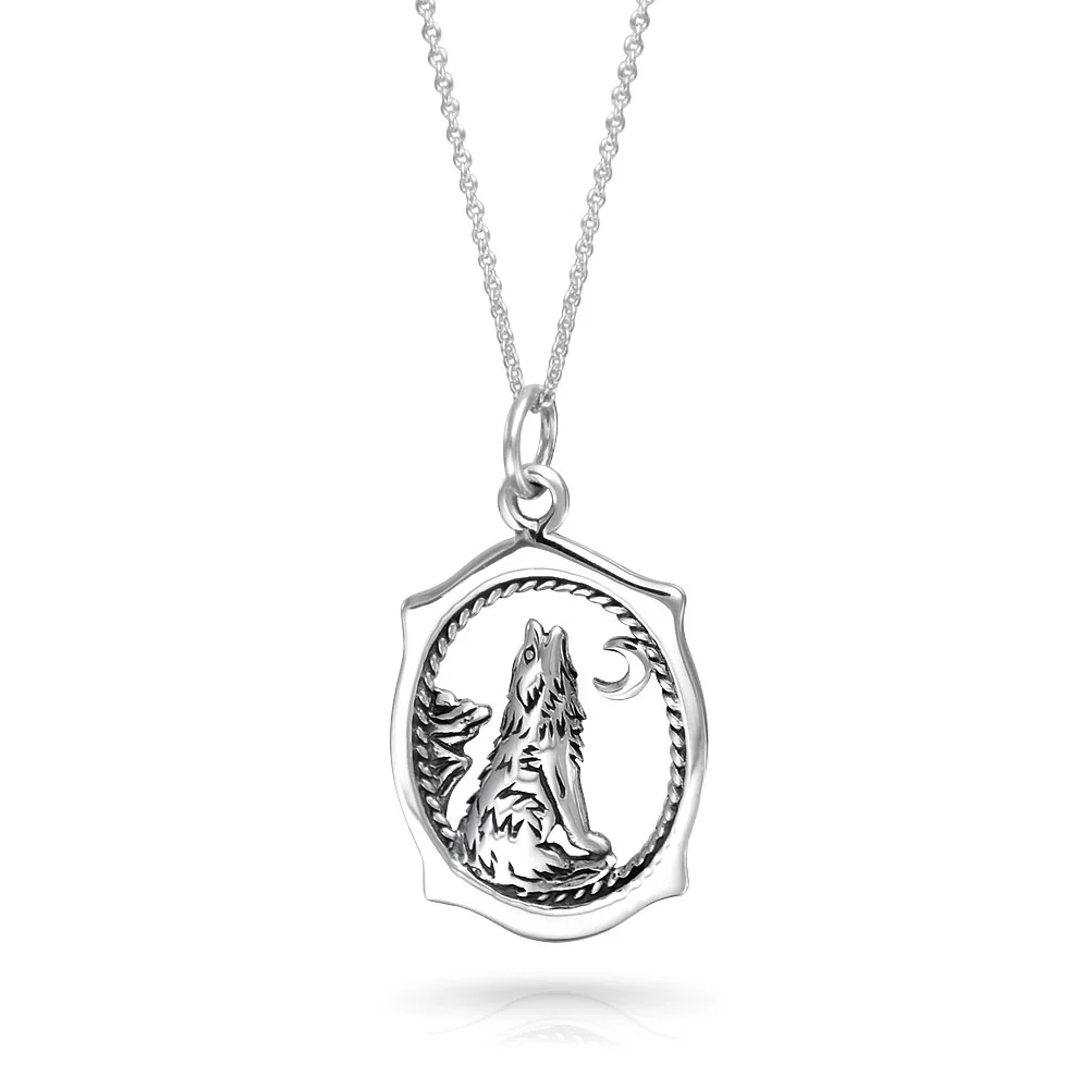 Set of 2 Werewolf Wicca Totem Moon Stars Oval Pendant Necklace Oxidized Silver - Image 5