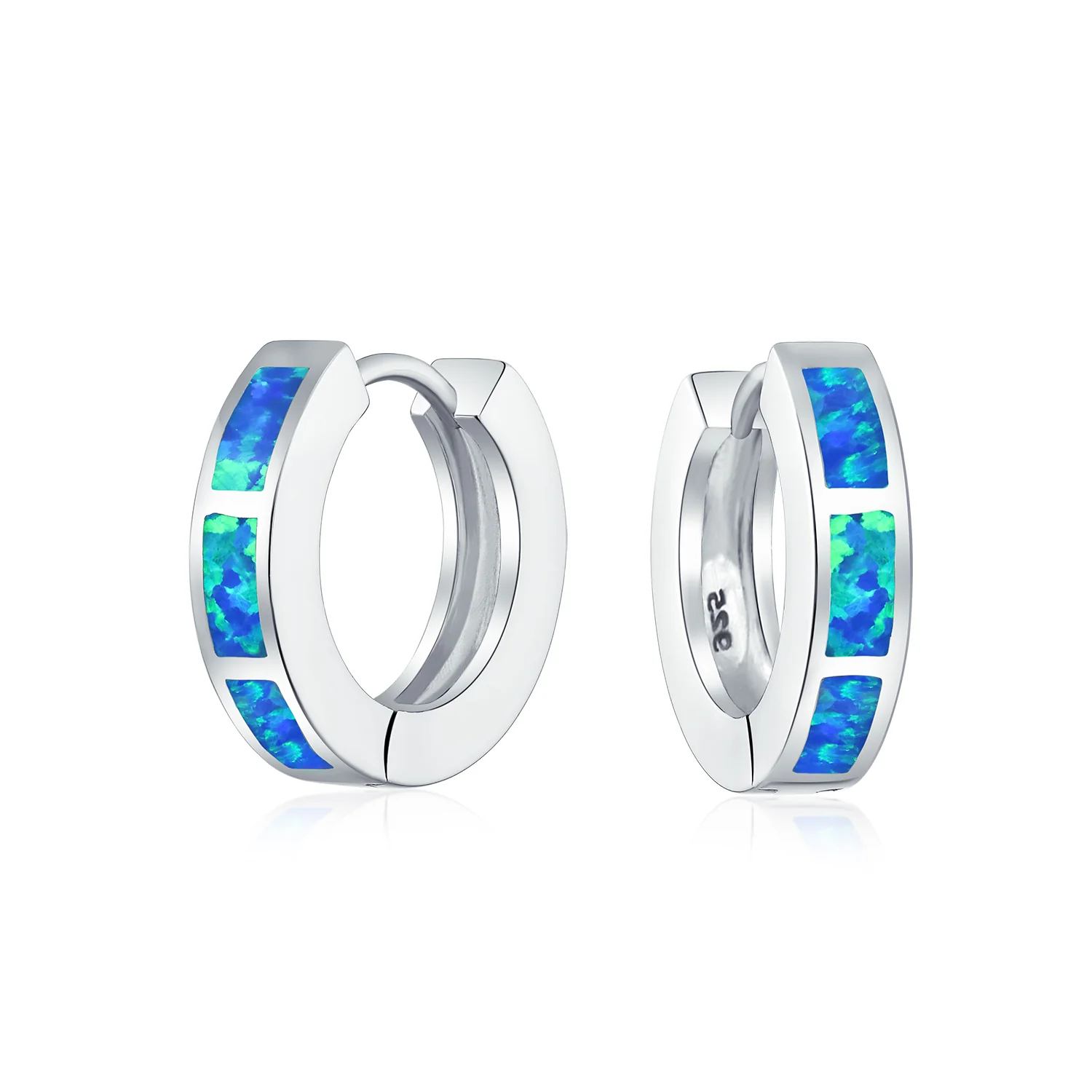 Set of 2 White & Blue Created Opal Gemstone Huggie Hoop Earrings Sterling Silver - Image 3