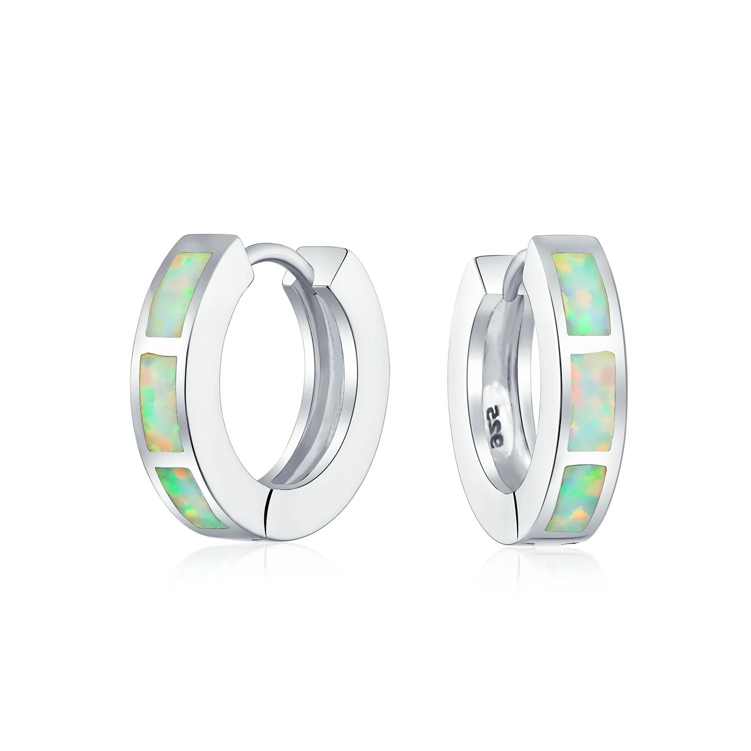 Set of 2 White & Blue Created Opal Gemstone Huggie Hoop Earrings Sterling Silver - Image 6