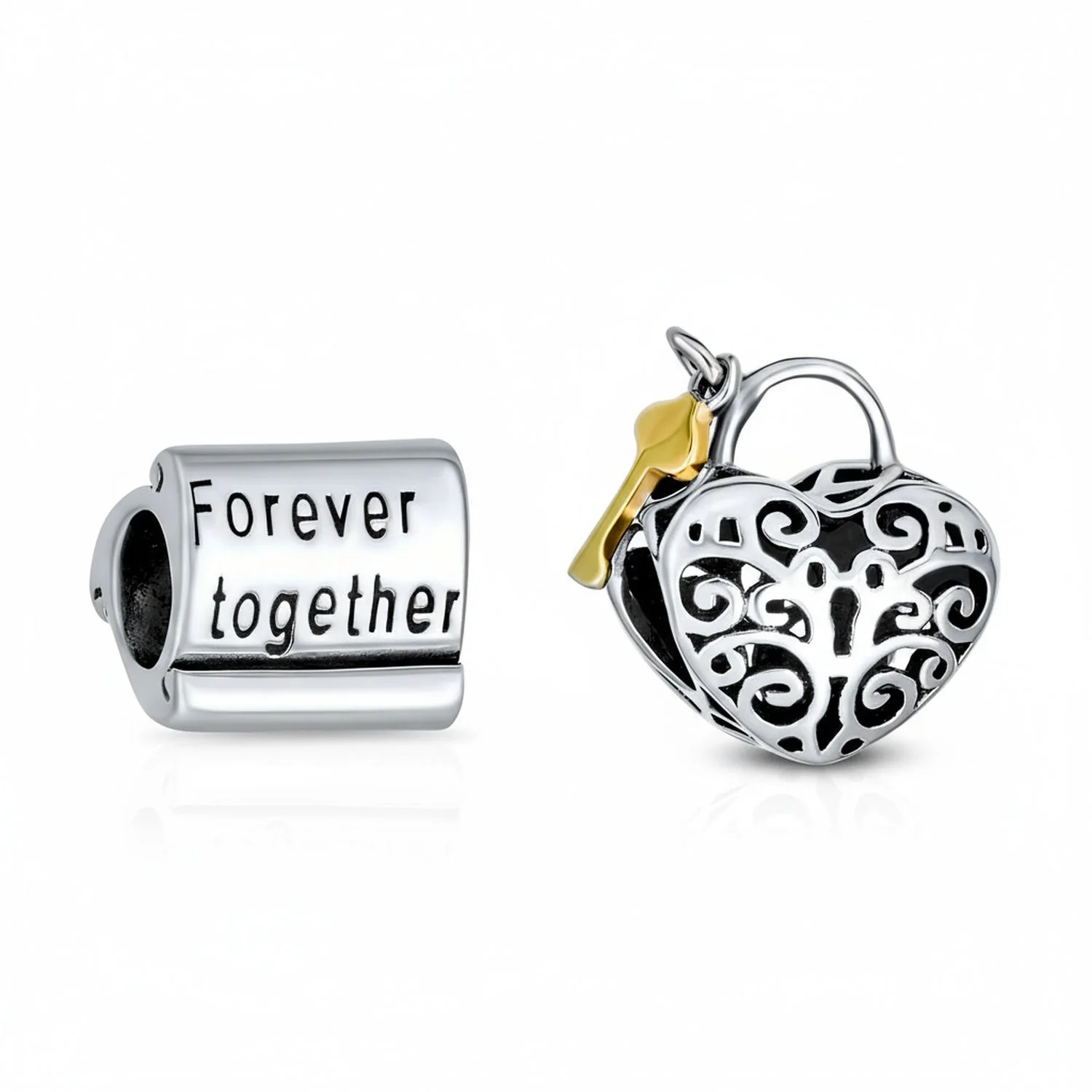 Set of 2 Word Mantra Forever Together & Heart Lock Charm Bear Sterling Silver