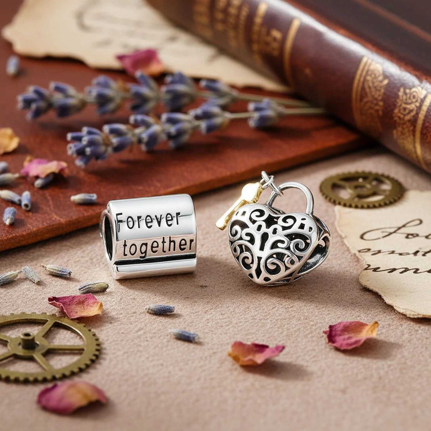 Set of 2 Word Mantra Forever Together & Heart Lock Charm Bear Sterling Silver - Image 2