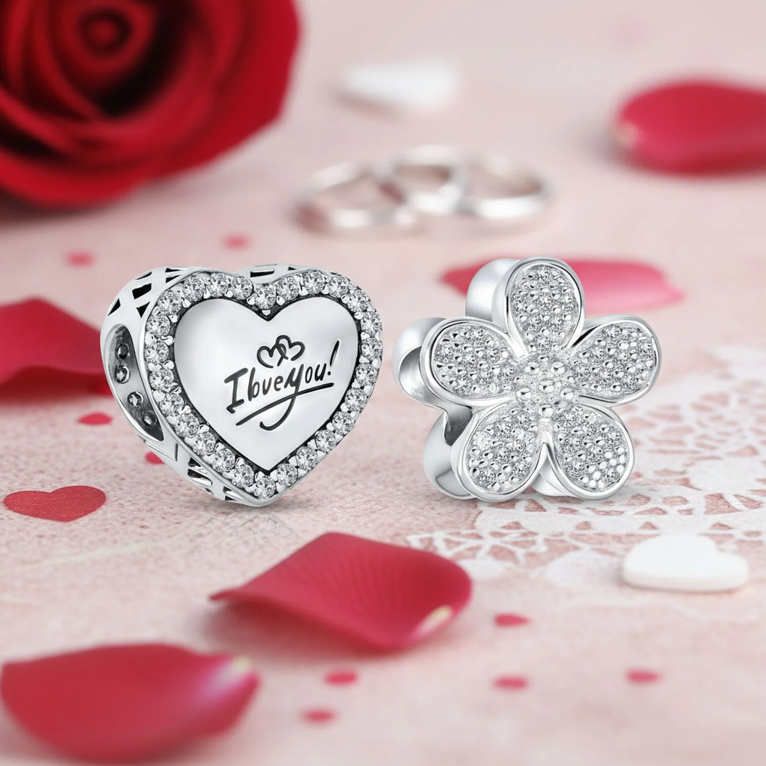 Set of 2 Words I LOVE YOU Crystal Heart & CZ Flower Bead Charm Sterling Silver - Image 2
