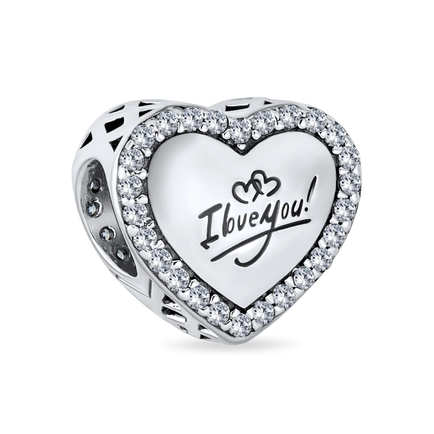Set of 2 Words I LOVE YOU Crystal Heart & CZ Flower Bead Charm Sterling Silver - Image 3