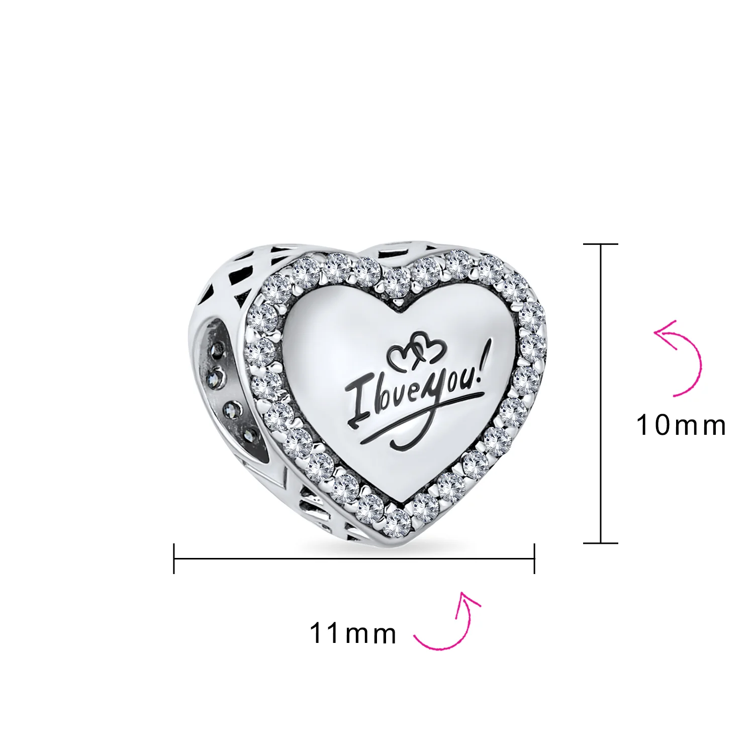 Set of 2 Words I LOVE YOU Crystal Heart & CZ Flower Bead Charm Sterling Silver - Image 4