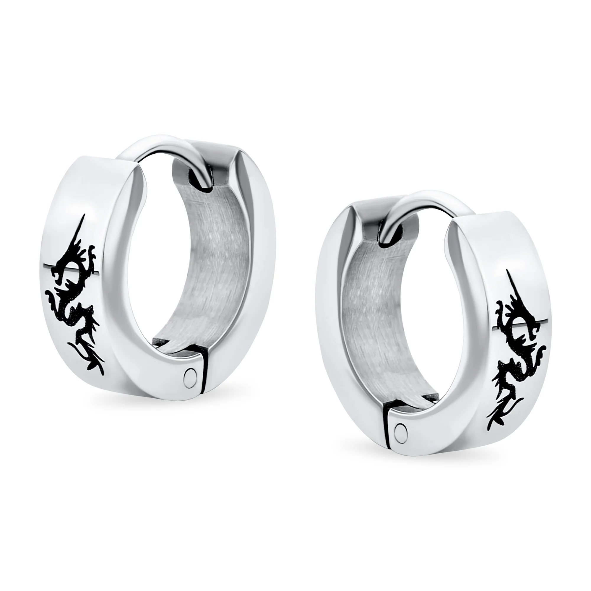 Set of 3 Cross Dragon Stars Skulls Greek Key Earrings Black Gold Plated Steel - Image 2