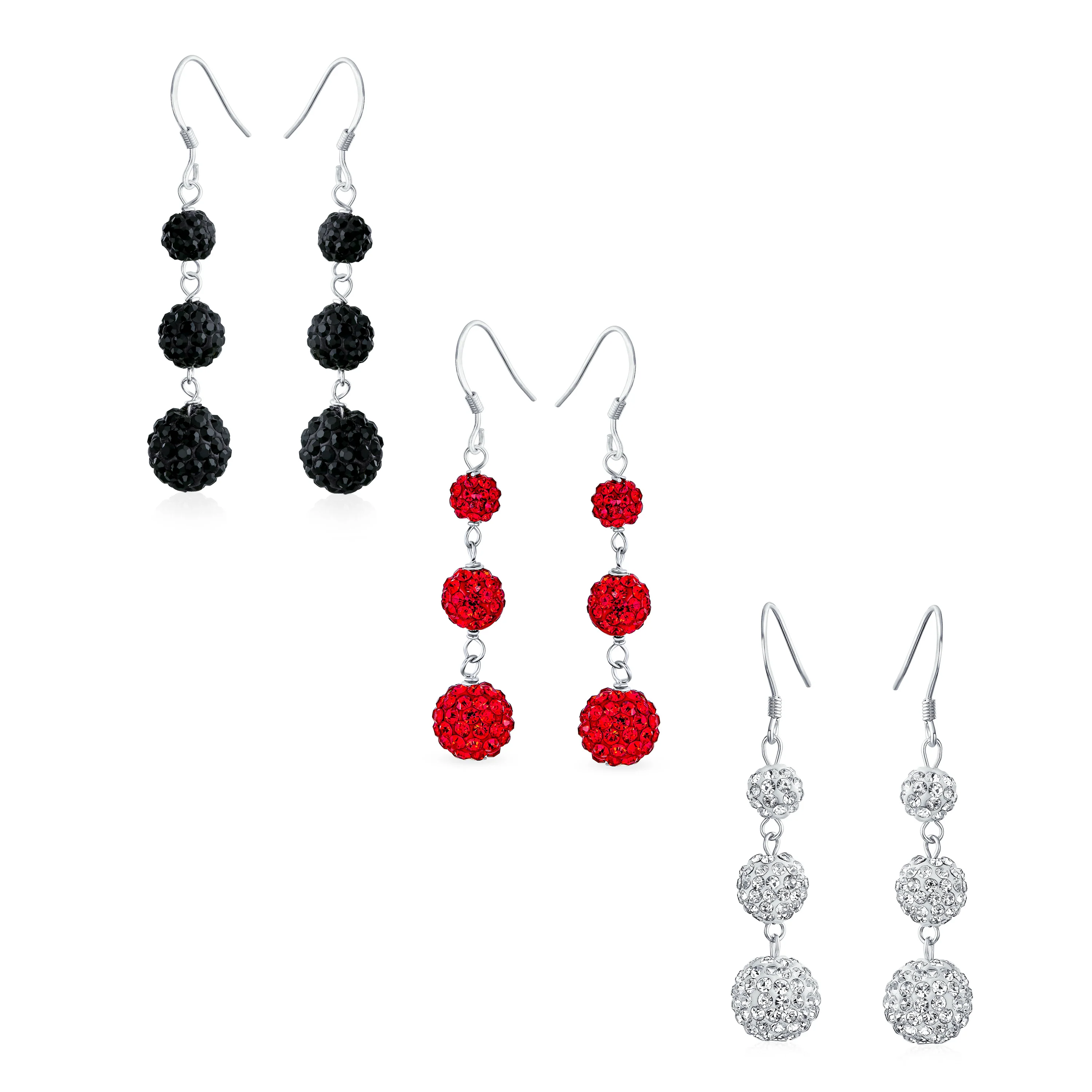 Set of 3 Black Red White Crystal Pave Disco Ball Dangle Earrings Sterling Silver
