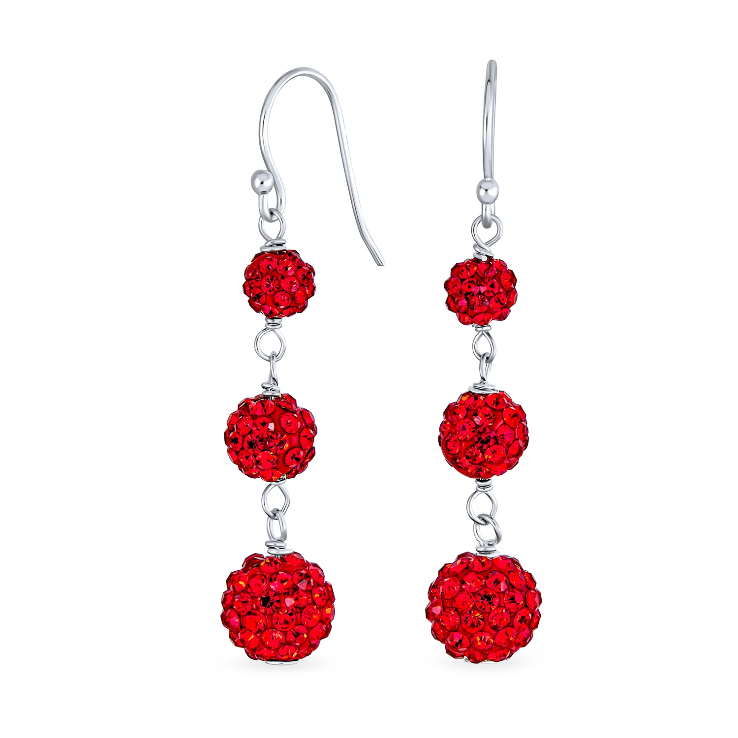 Set of 3 Black Red White Crystal Pave Disco Ball Dangle Earrings Sterling Silver - Image 3