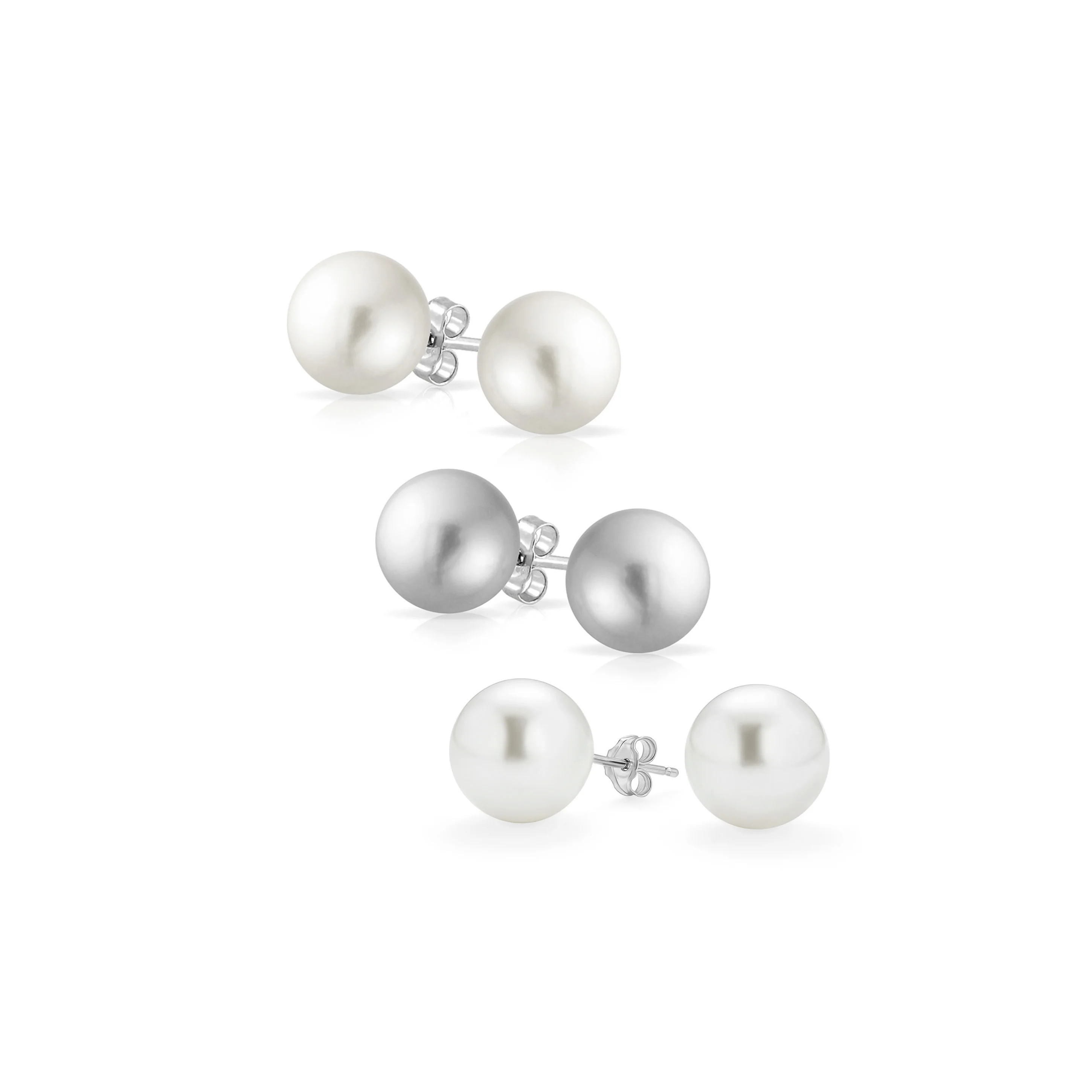 Set of 3 Light Yellow White Black Simulated Pearl Drop Ball Earrings Silver 10MM - Image 2