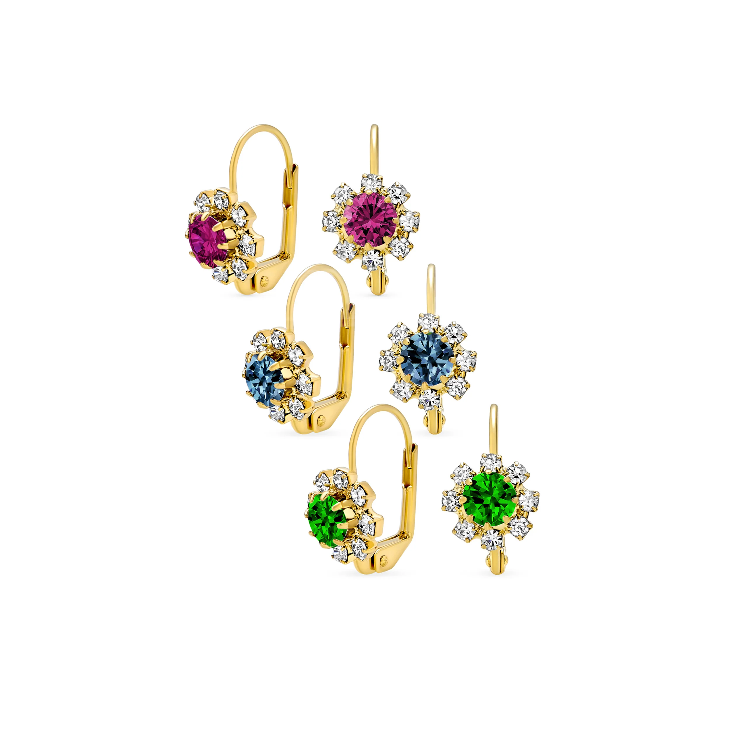 Set of 3 Crystal Flower Gold Plated Drop Earrings Lever Back