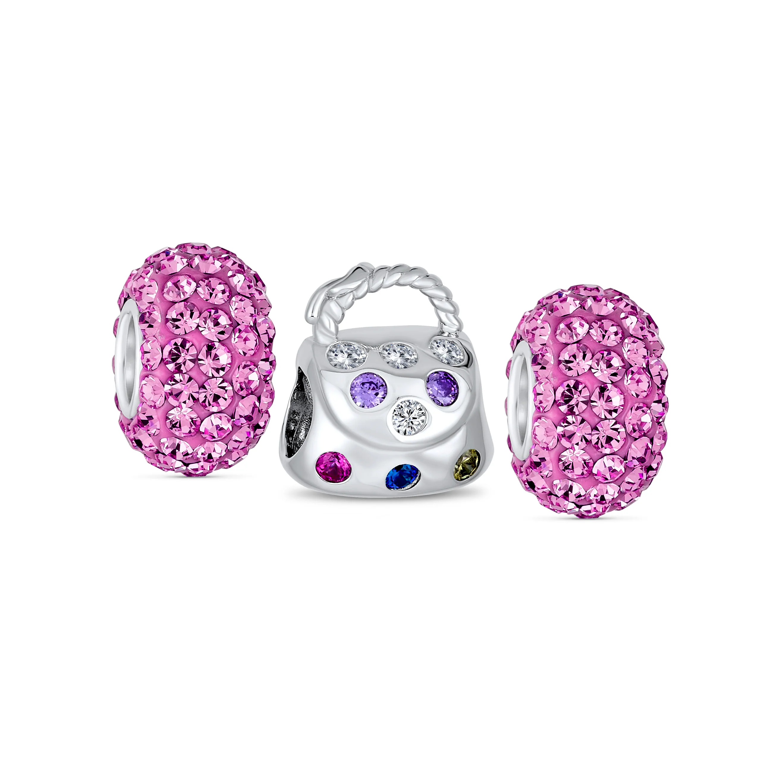 Set of 3 Fashion Multicolor CZ Clutch Purse 2 Solid Pink Spacer Charm Bead